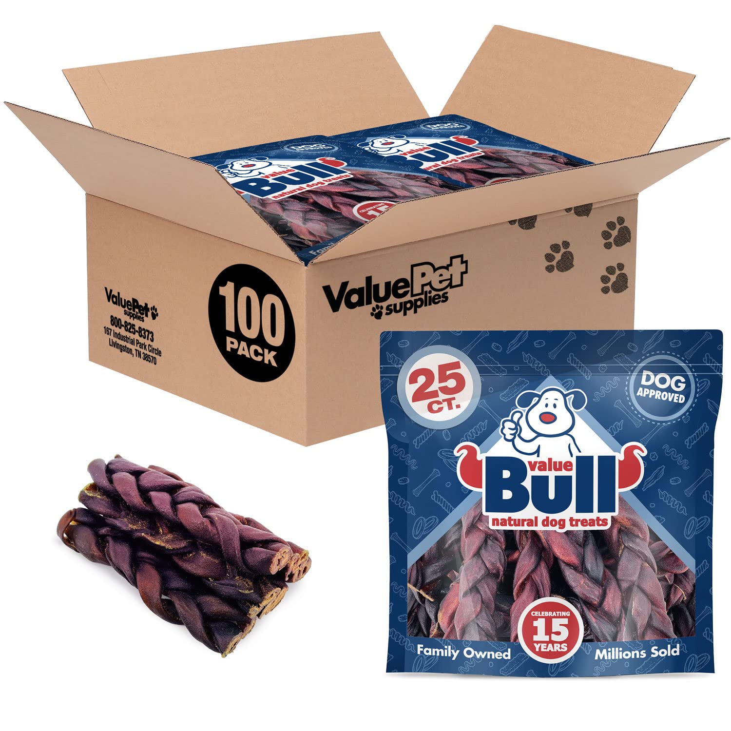 ValueBull USA Collagen Braids for Dogs - 100 Count Natural & Safe Single-Ingredient Chews (5-6 Inch Thick) | Supports HIPS, Joints, Skin & Coat Health | Long-Lasting Dental Treats for Medium to Large Breeds | Perfect for Training Rewards and Anxiety Relief