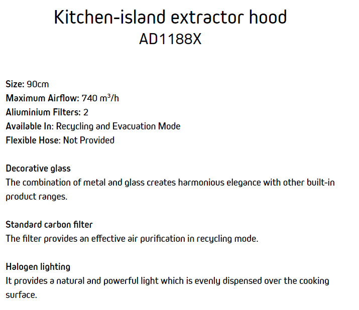 Brandt KITCHEN ISLAND EXTRACTOR HOOD AD1188X - 60cm Stainless Steel Kitchen Range Hood with LED Lights - Perfect for Modern Open Kitchen Designs & Cooking Ventilation