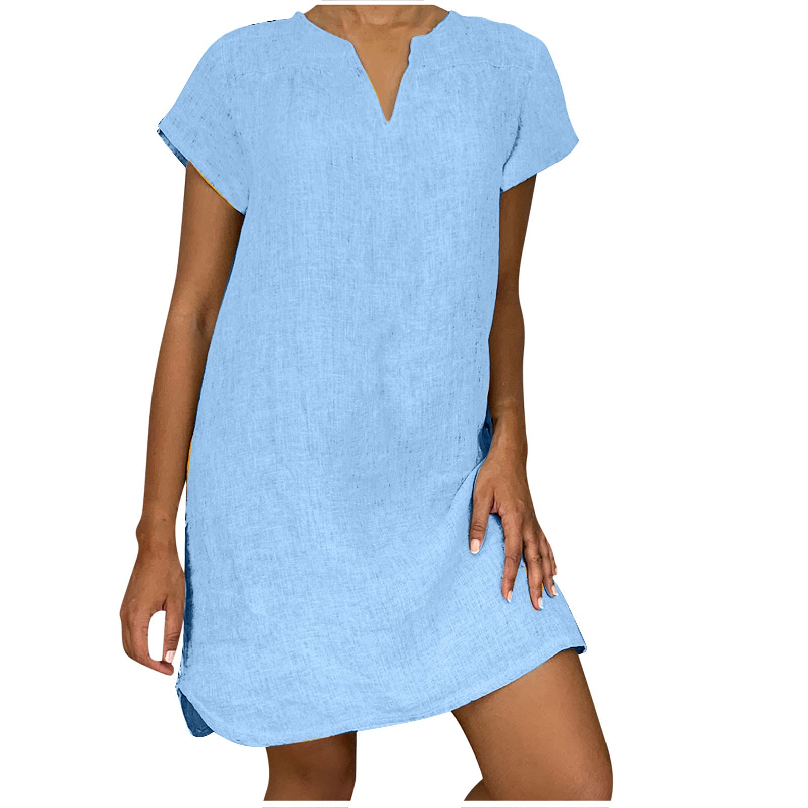 NaRHbrg Women's Linen Tunic Dress - V-Neck Loose Fit Midi Sundress for Beach & Vacation | Plus Size Casual Shift Dress | Perfect for Summer Outings, Travel & Boho Style