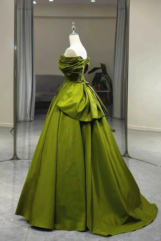 Elegant Green A-Line Off Shoulder Satin Long Party Dress J4425 - Perfect for Prom, Evening Gala, and Formal Events