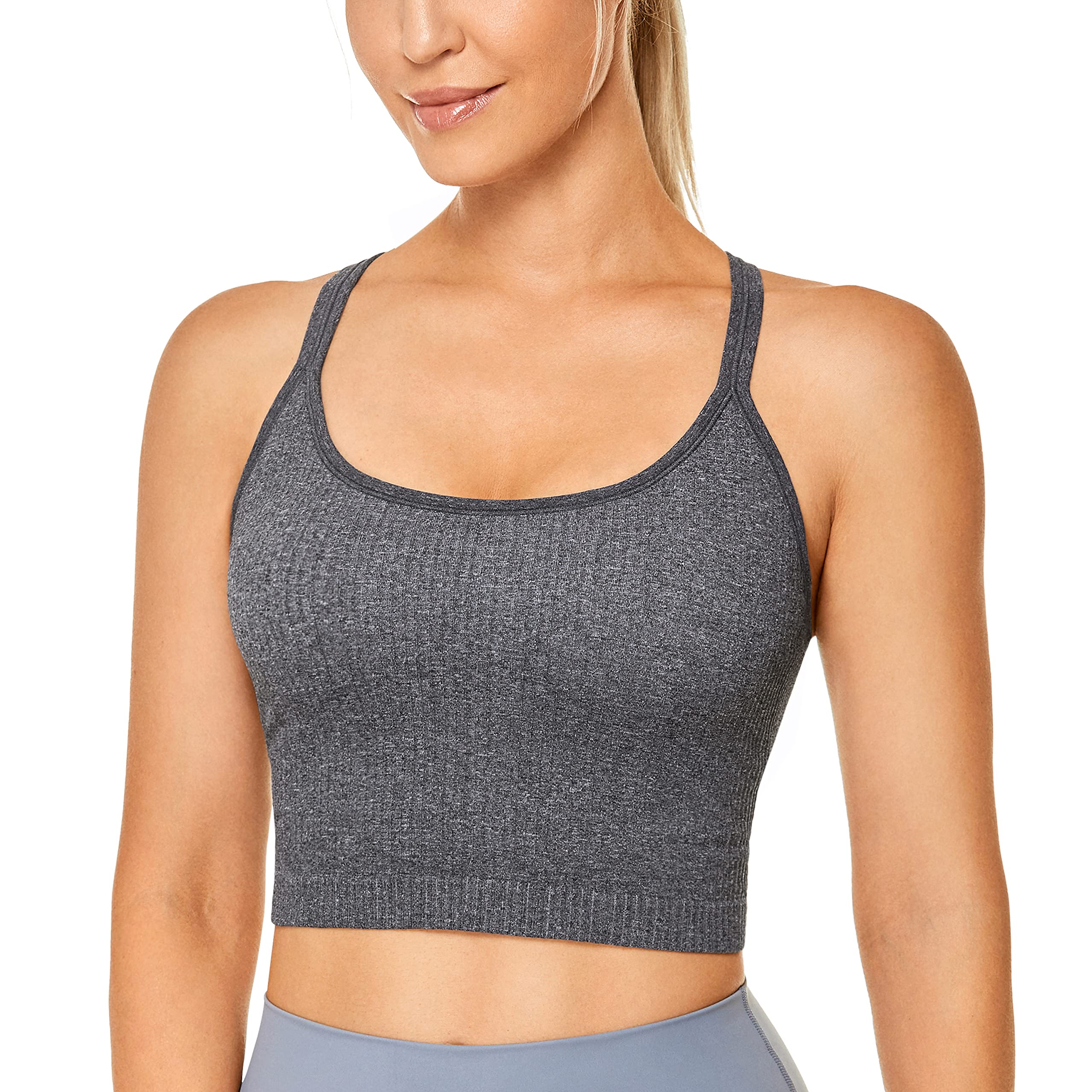 CRZ YOGA Women's Longline Seamless Ribbed Sports Bra with Padded Support - Racerback Yoga Crop Top for Workouts, Running & Gym