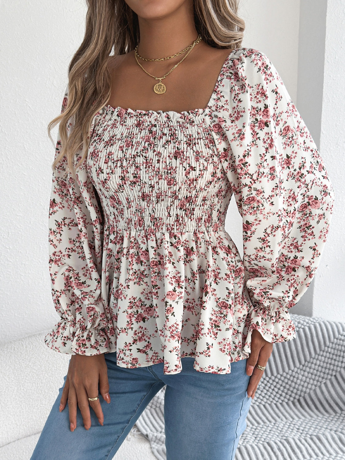 Floral Square Neck Flounce Sleeve Blouse for Women | Elegant Spring Summer Tops | Perfect for Office, Date Night & Special Occasions