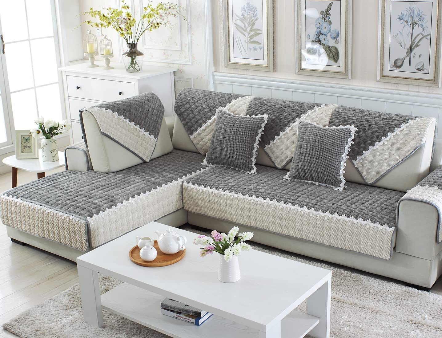 XSlive Corduroy Plaid Sofa Cover - Farmhouse Style Color Block Sectional Couch Slipcover with Lace Trim & Non-Slip Backing - Furniture Protector for Dogs, Pets & Kids (Light Grey, 28