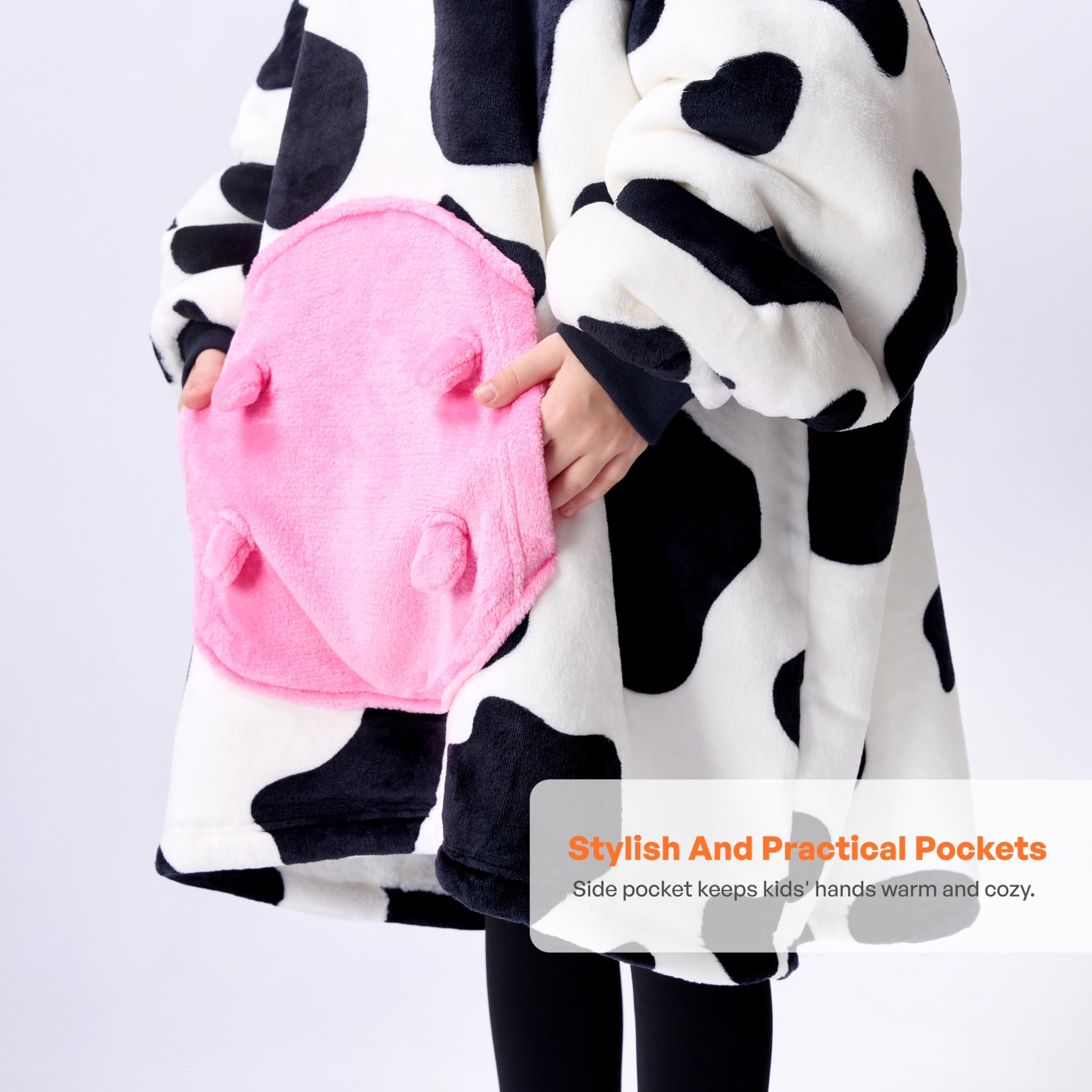 Giggling Getup Cow Wearable Blanket Hoodie - Oversized Soft Sherpa Fleece Hooded Blanket with Giant Pocket - Warm Plush Flannel Blanket Sweatshirt for Kids & Adults - Perfect for Winter Nights, Movie Time and Family Snuggles