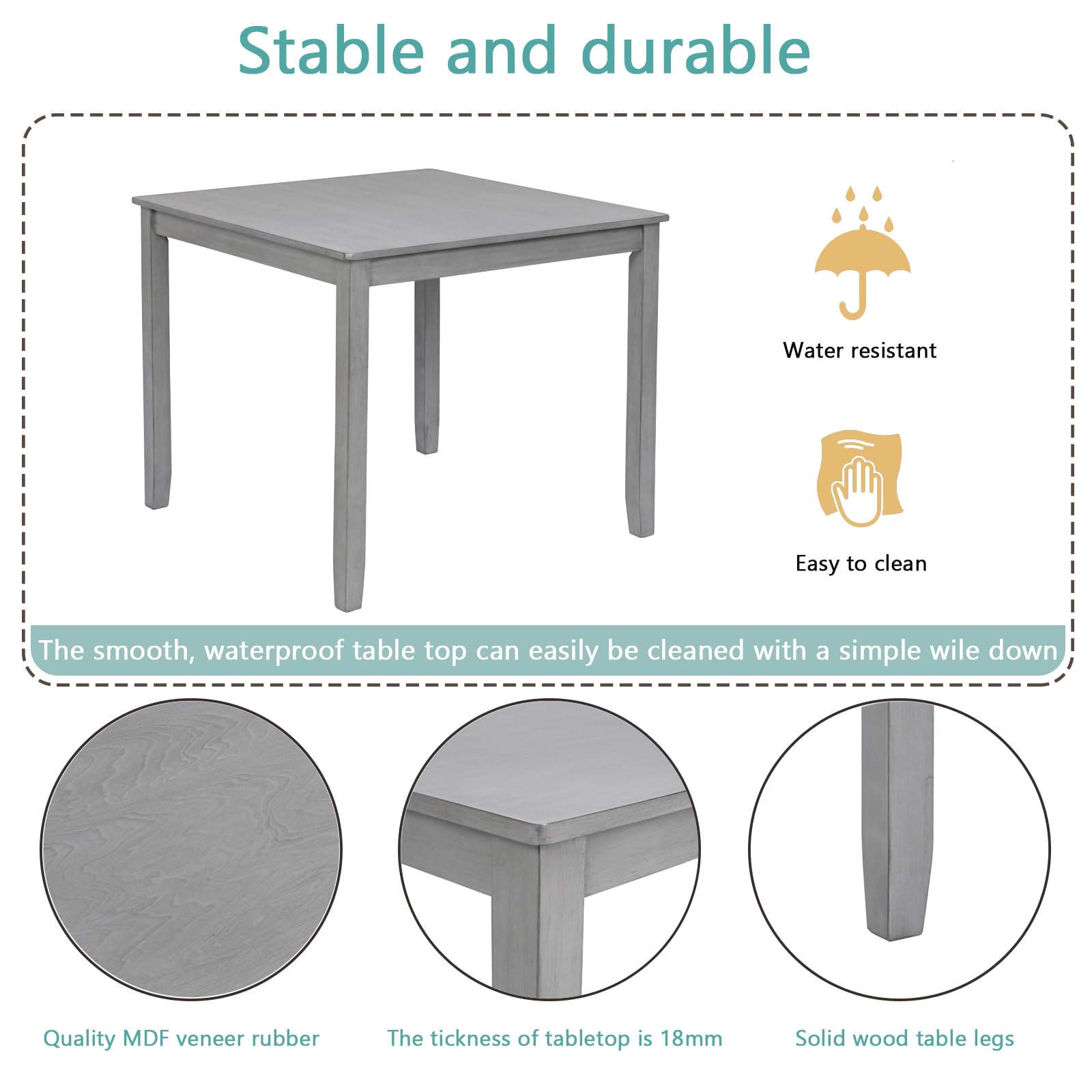 5 Piece Farmhouse Dining Table Set with 4 Upholstered Chairs - Solid Wood Kitchen Table & Chairs for Dining Room - Grey - Perfect for Family Meals, Dinner Parties & Cozy Breakfasts