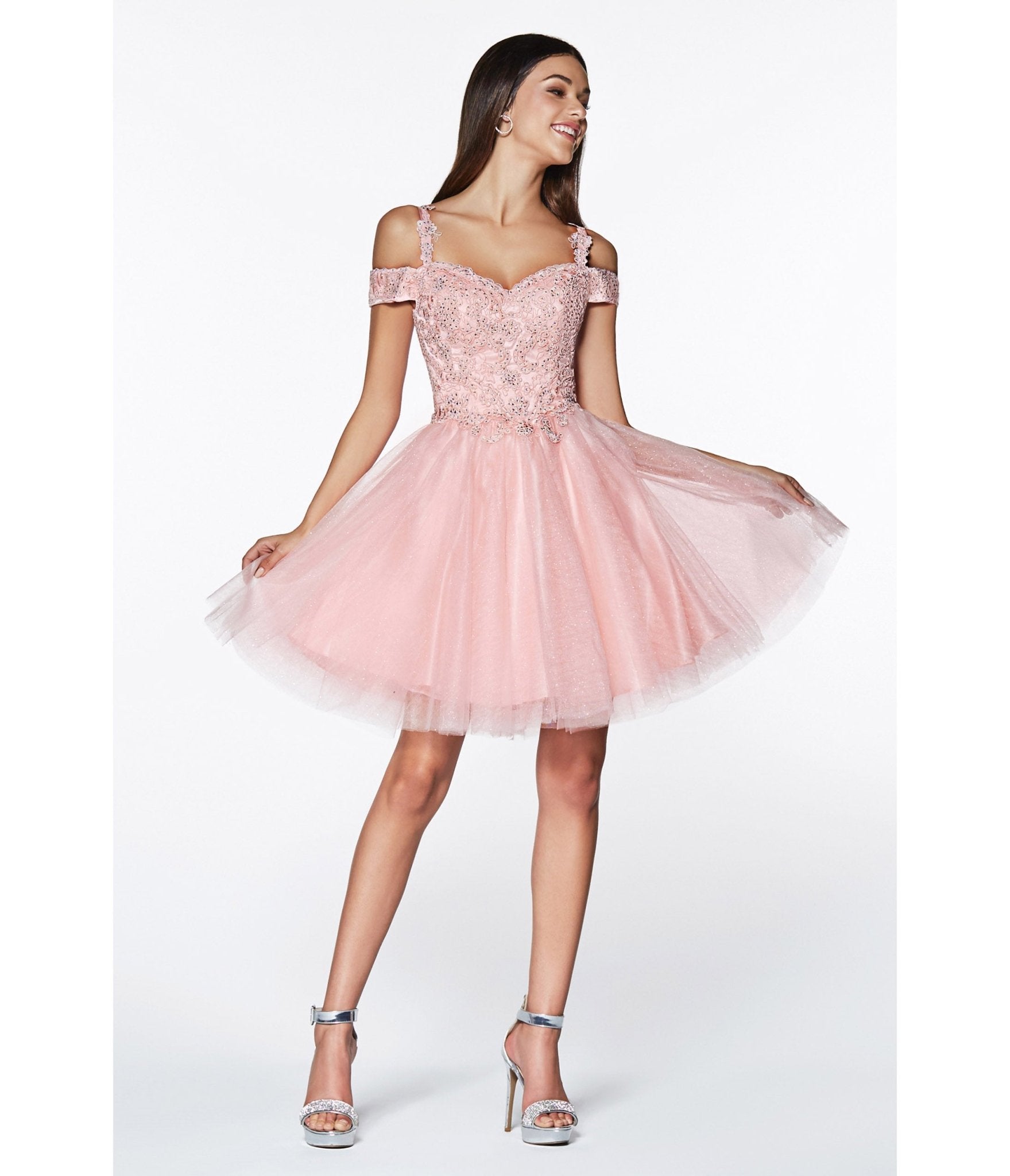 Ladivine by Cinderella Divine Blush Glitter Tulle Cold Shoulder Homecoming Dress for Prom, Party, and Special Occasions