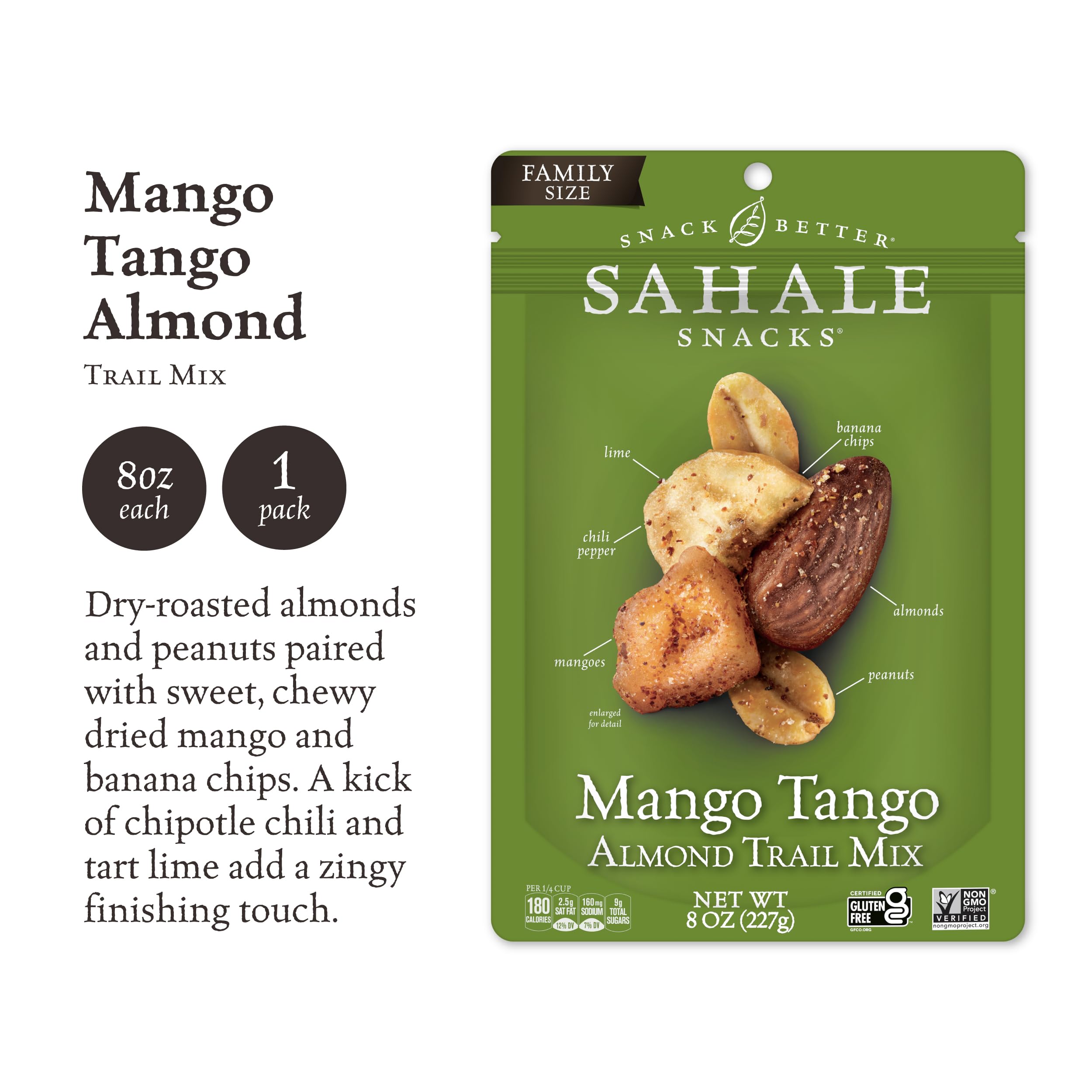 Sahale Snacks Mango Tango Almond Trail Mix - 8oz Gluten-Free Healthy Snack for Hiking, Camping & Office - Dried Fruit & Nut Mix with Mango, Almonds & Coconut