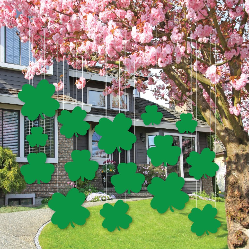 VictoryStore St. Patrick's Day Outdoor Hanging Decorations - 45 Green Shamrock Hanging Ornaments for Patio, Garden & Party Decor