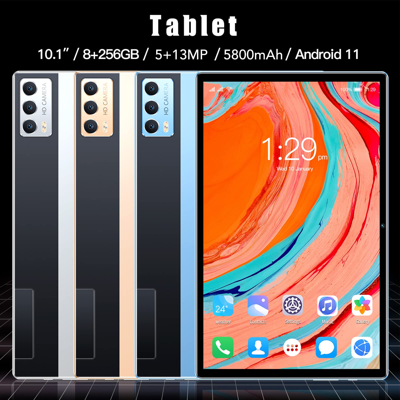 Zerodis 10.1 Inch Gaming Tablet - 8GB RAM 256GB ROM, Octa-Core Processor, 1920x1200 FHD Display, 5MP+13MP Dual Cameras, 5800mAh Battery, 2.4G/5G WiFi, Portable & Rechargeable (Gold) - Perfect for Gaming, Streaming & Work on the Go