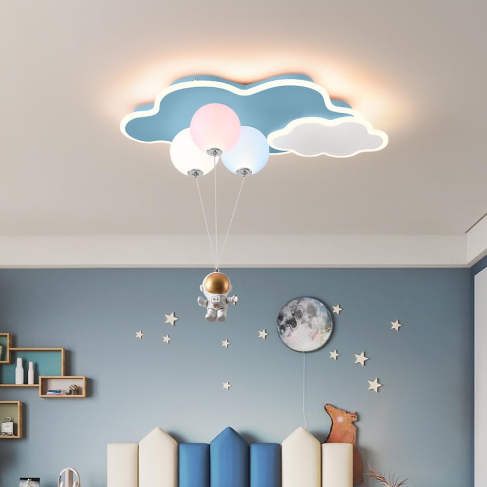 SWEMOPP Astronaut LED Ceiling Light for Kids Room - Dimmable Cloud Balloon Nursery Flush Mount Light Fixture for Boys & Girls Bedroom (Blue/Pink) - Perfect for Space-Themed Children's Bedrooms & Playrooms