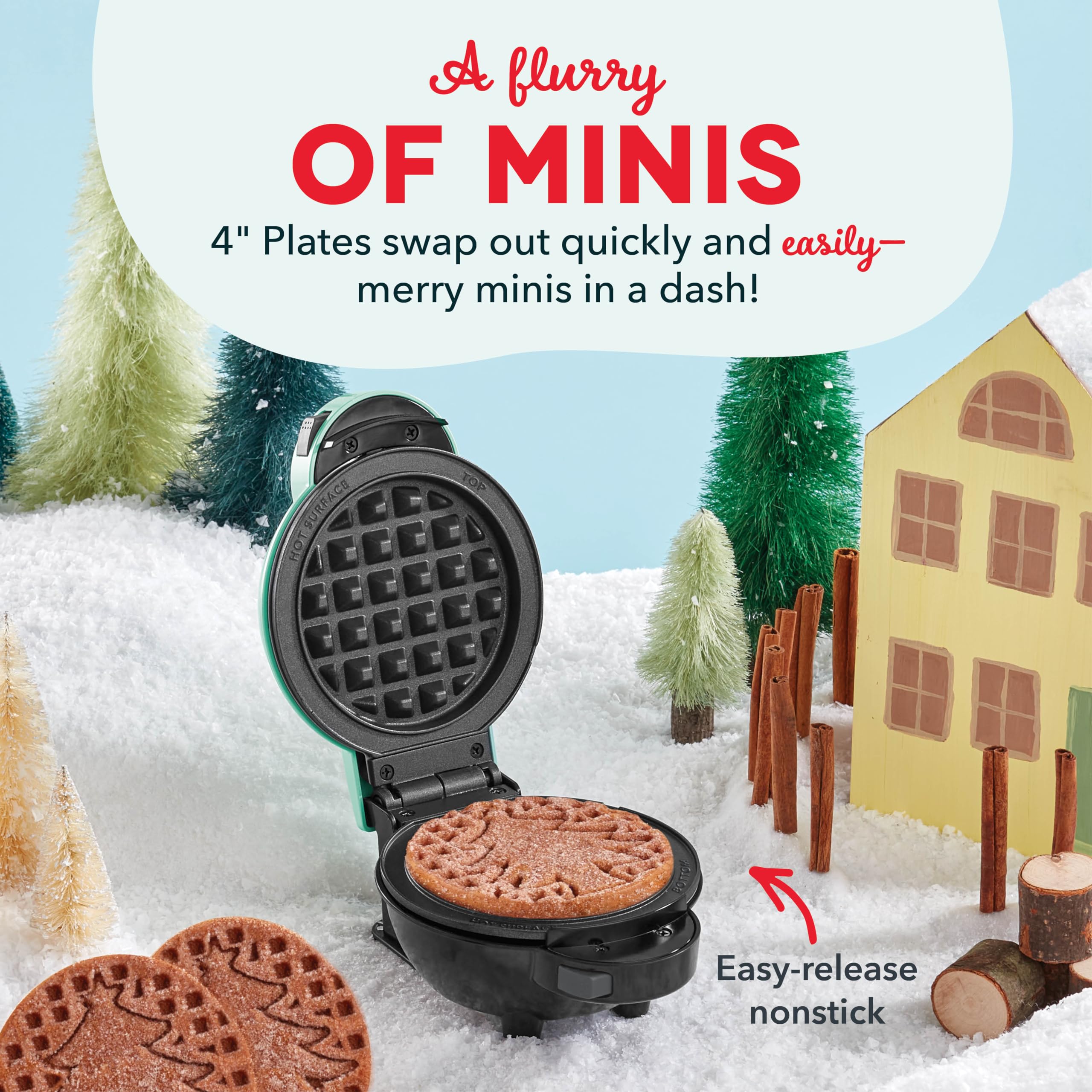 DASH MultiMaker Mini System Two 4” Nonstick Removable Waffle Plates Set (Snowman & Tree) - 2-Piece Plate Pack for Waffle Iron & Griddle, Compatible with Dash MultiMaker Mini System - Perfect for Holiday Breakfasts, Kids' Snacks & Quick Meals