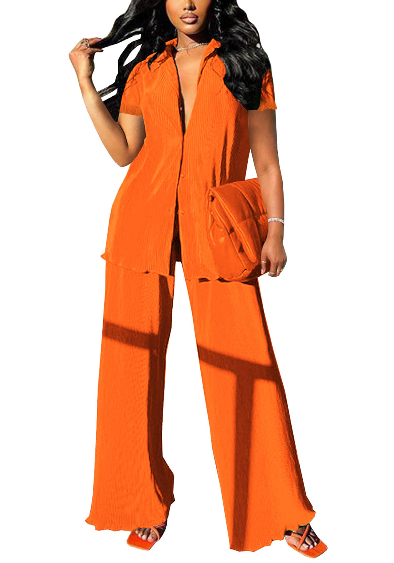 Women's Casual Satin 2-Piece Outfit - Short Sleeve Shirt Top & Palazzo Pants Lounge Set | Comfortable Loungewear for Home, Yoga, Travel & Relaxation