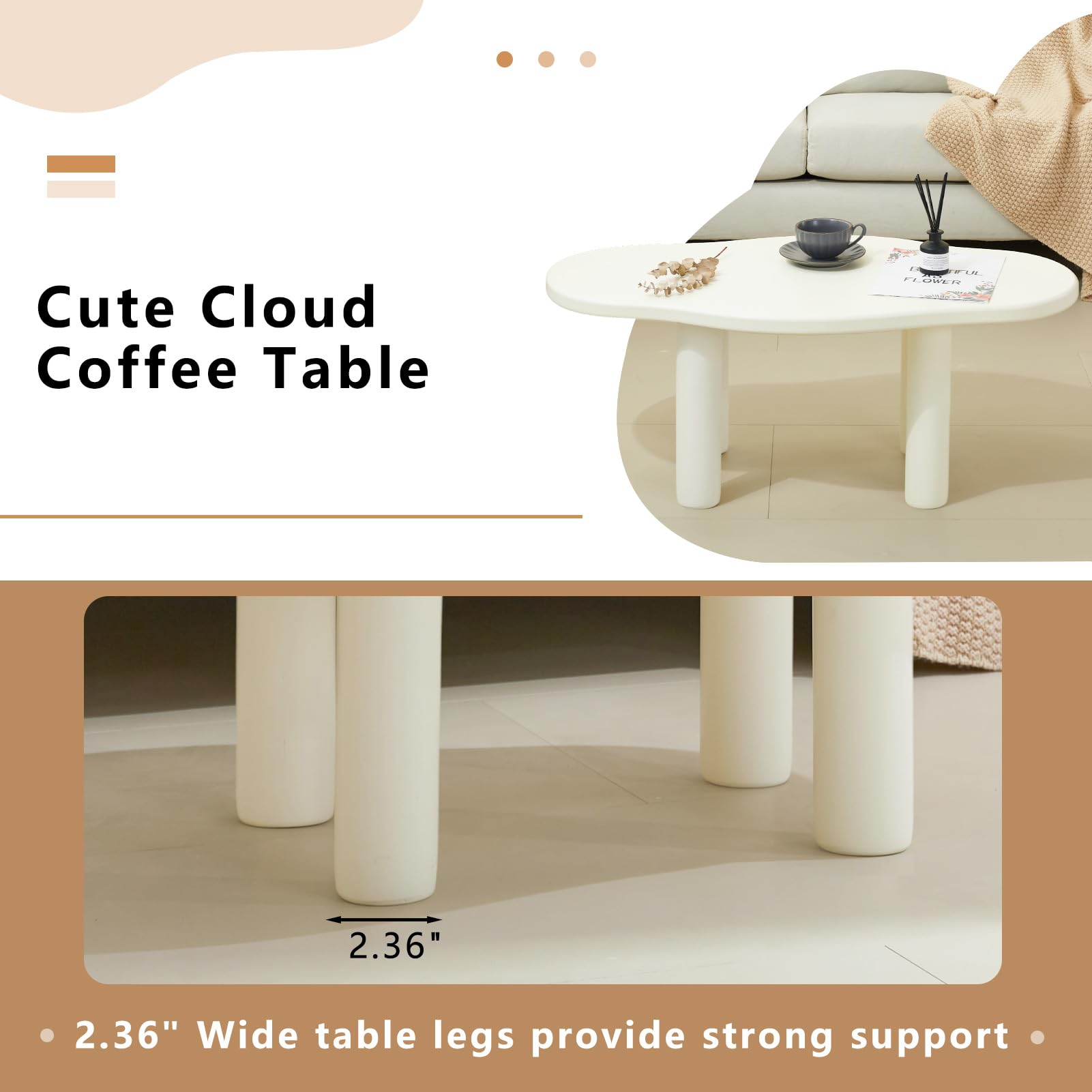 MAXYOYO White Cloud Coffee Table - Unique Irregular Shape with 4 Sturdy Legs | Modern Living Room Centerpiece for Small Spaces & Cozy Home Decor
