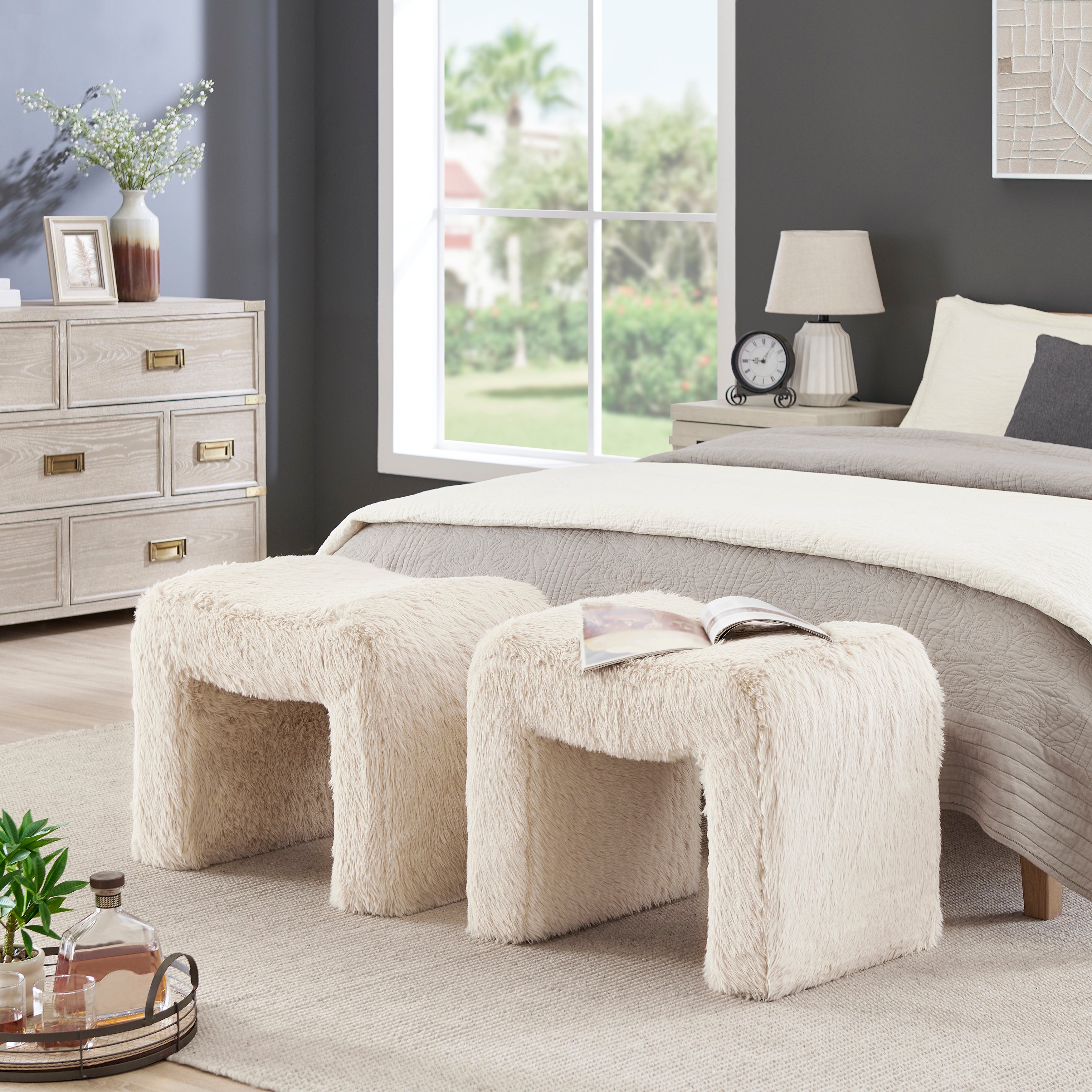 Roundhill Furniture Zorya Contemporary Faux Fur U-Shaped Ottoman Set of 2 - Modern Living Room Accent, Bedroom Footrest, Cozy Home Decor for Stylish Comfort