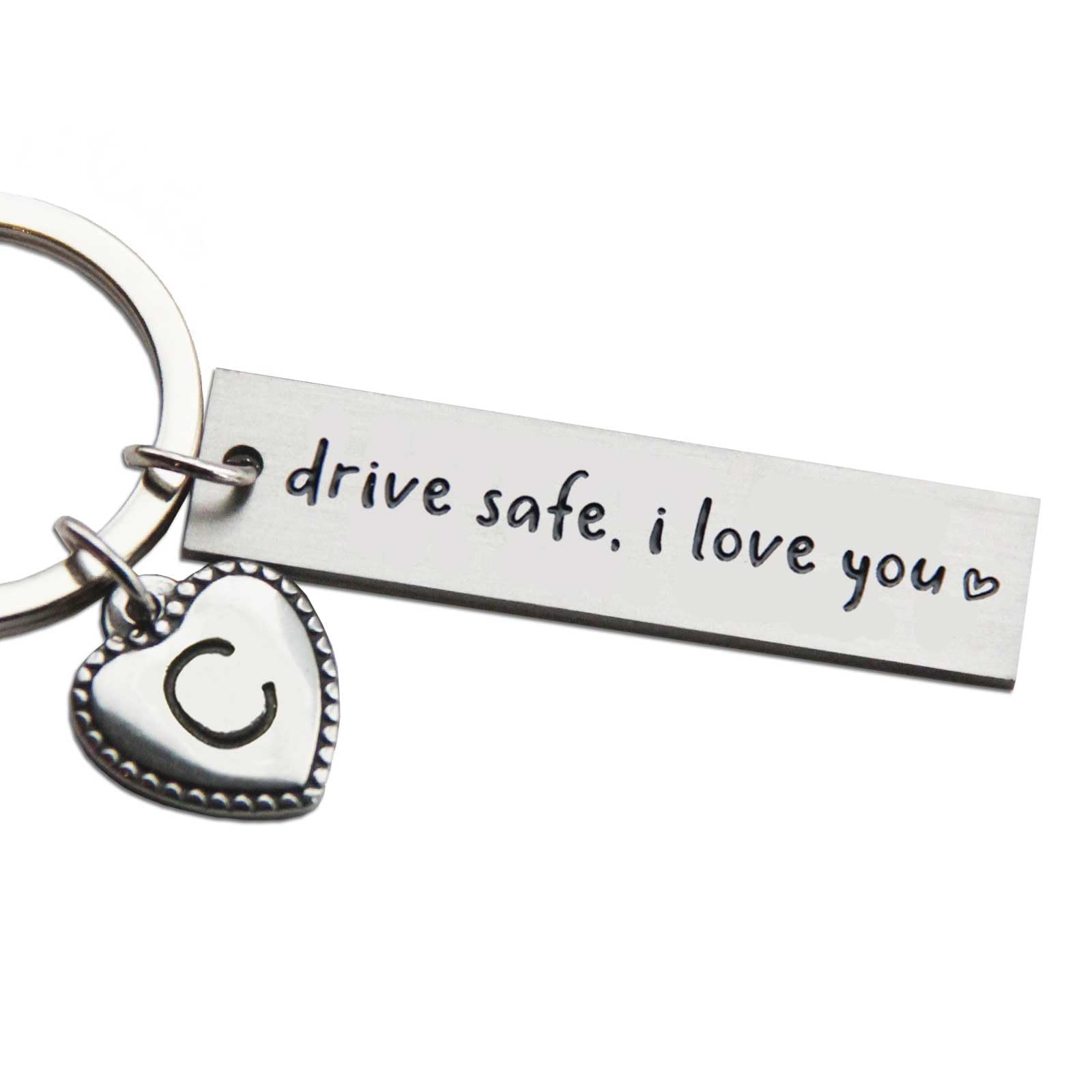 Personalized Initial Keychain - Stainless Steel Drive Safe Key Chain Gift for Boyfriend, New Driver, Valentine's Day - Custom First Car Keyring with 