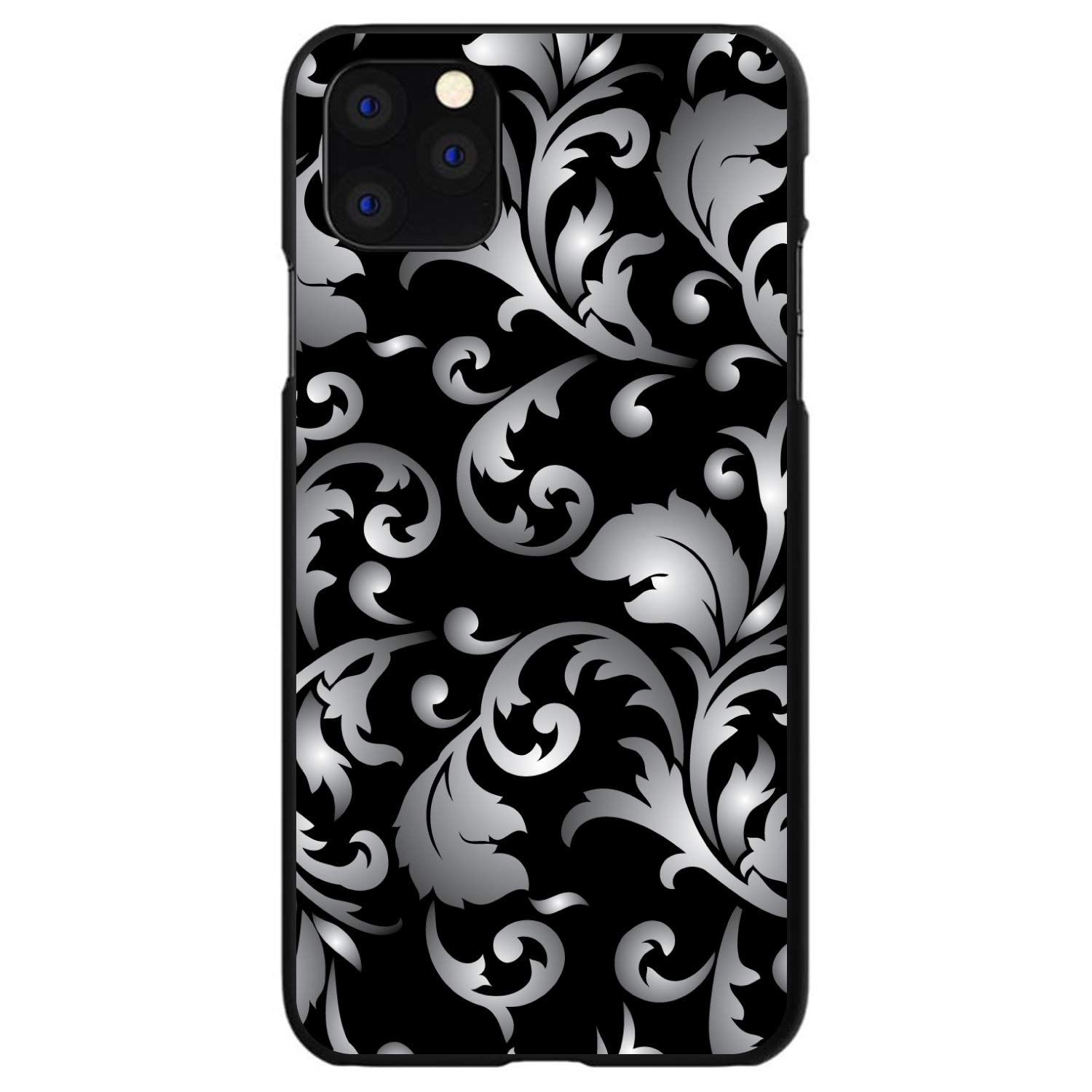DistinctInk Ultra Slim Hard Plastic Case for iPhone 13 Pro Max (6.7 Inch) - Black Silver Grey White Floral Damask Design - Protective Phone Cover for Everyday Use, Work & Travel