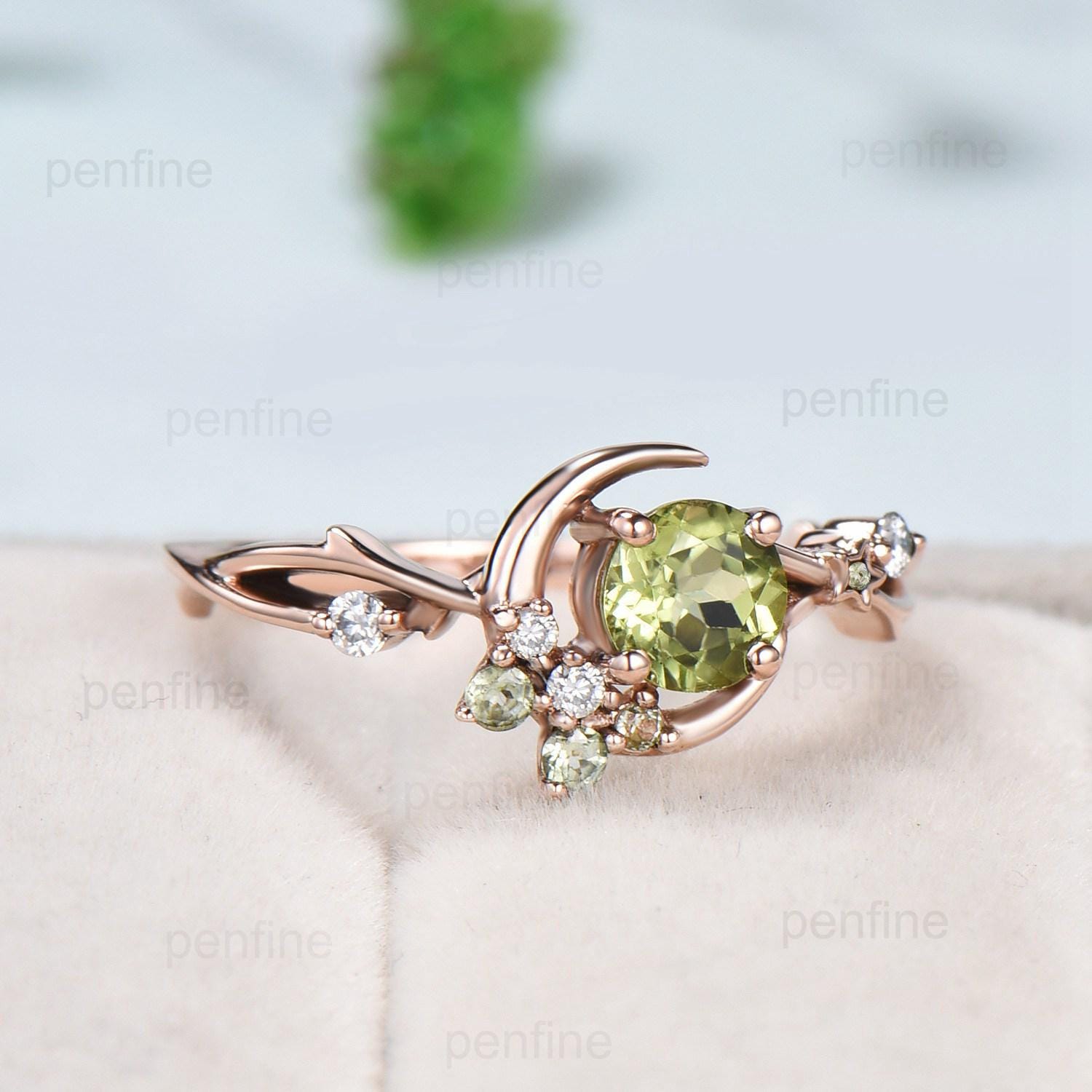Natural Peridot Engagement Ring - Round Green Peridot Gemstone in Vintage Rose Gold with Star & Moon Design, August Birthstone Jewelry for Women, Perfect for Anniversary, Proposal & Special Occasions