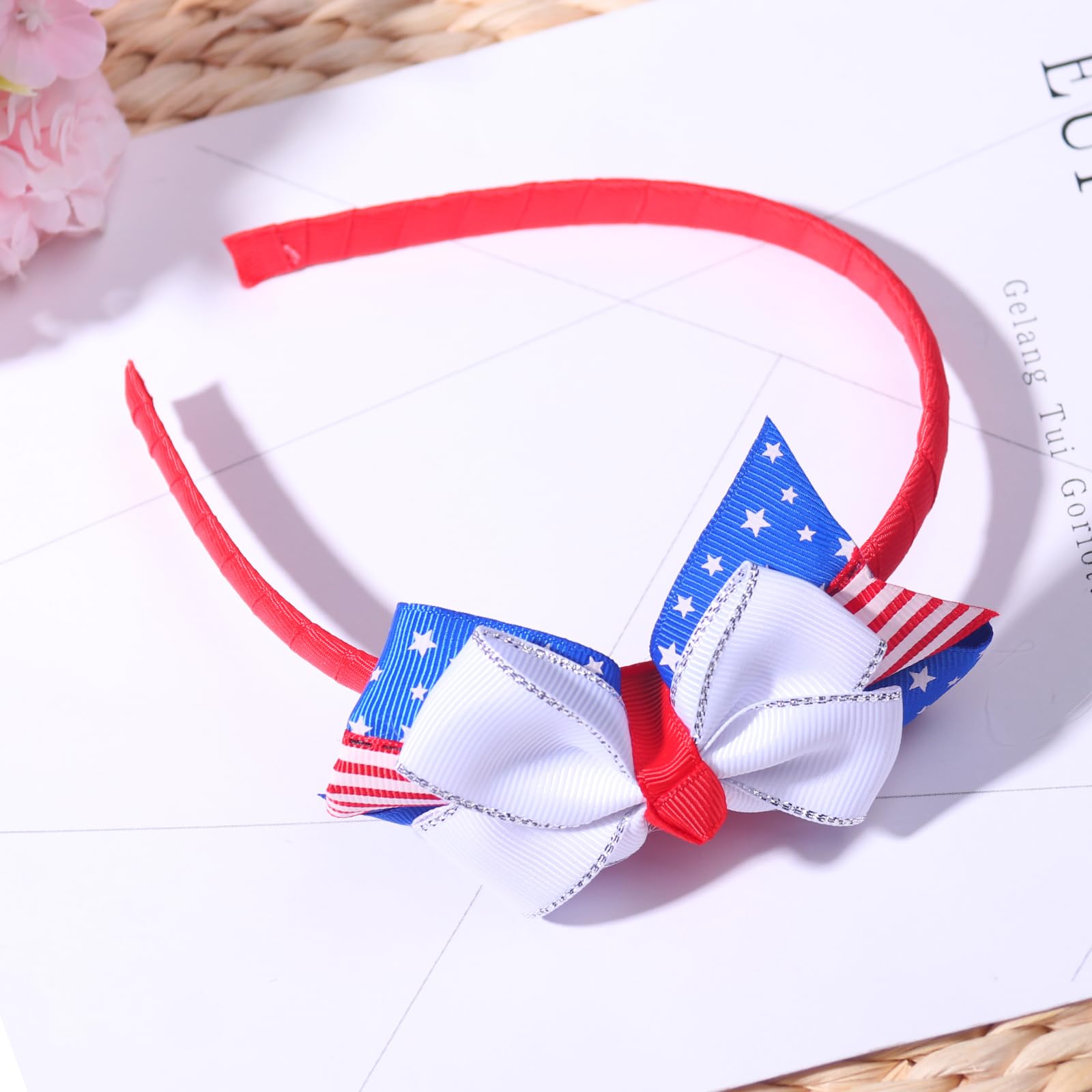 BELSITA 4th of July Headband - Patriotic USA Flag Hair Bow with Silver Edge for Women, Girls & Kids - Independence Day Party Hair Accessories - Non-Slip Headband (1 Pack) - Perfect for 4th of July Celebrations, Patriotic Parades & Festive Holiday Events
