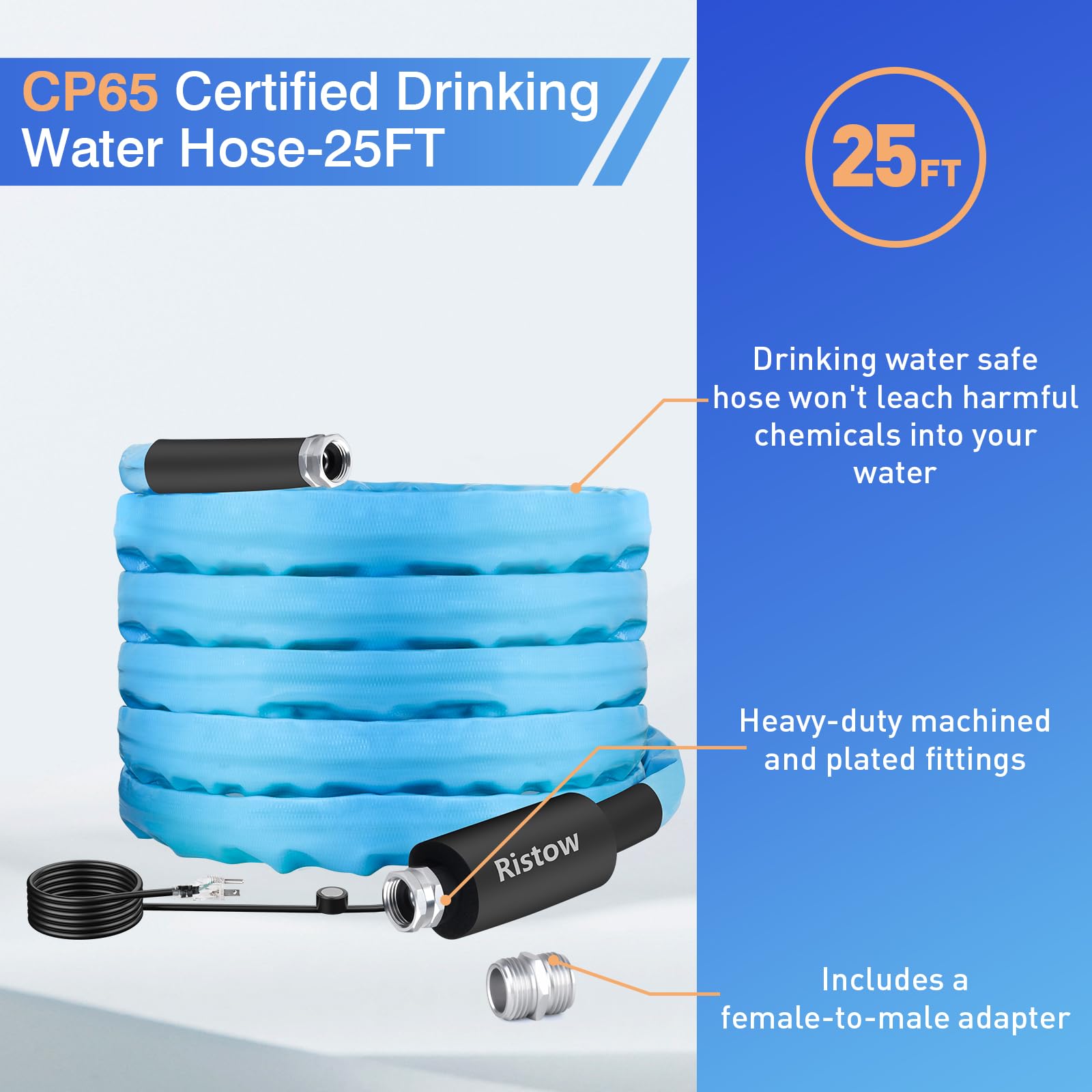 25FT Heated RV Drinking Water Hose with Freeze Protection Down to -40°F/-40°C & Energy-Saving Thermostat - Electrically Heated Water Hose for RV, Camper, Boat, Garden - Perfect for Winter Camping, Boating & Outdoor Water Supply