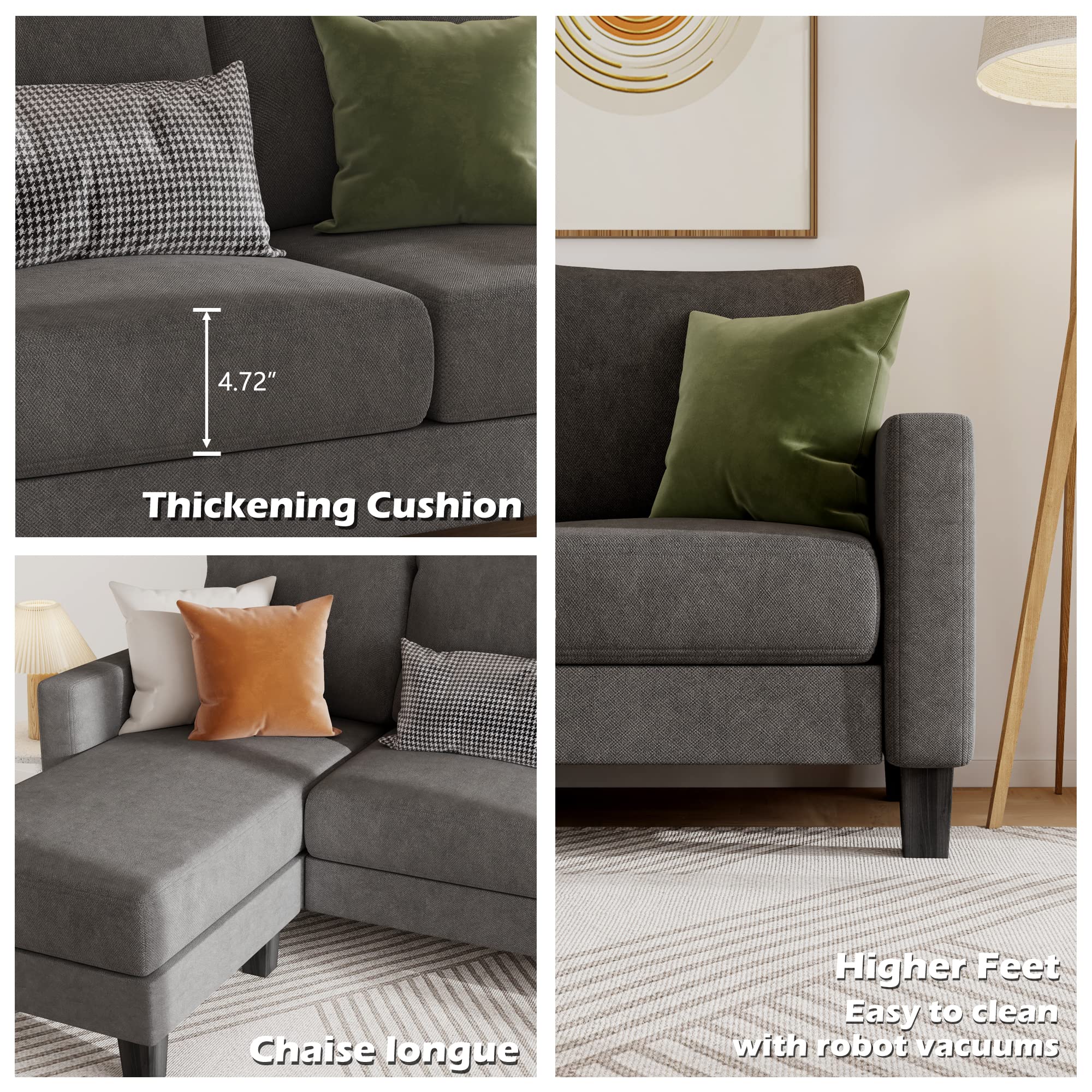 YESHOMY Convertible Sectional Sofa with Comfortable Backrest - Modern L-Shaped Couch with Cotton Fabric for Living Room, Dark Gray | Perfect for Small Spaces, Apartments & Home Theater Seating