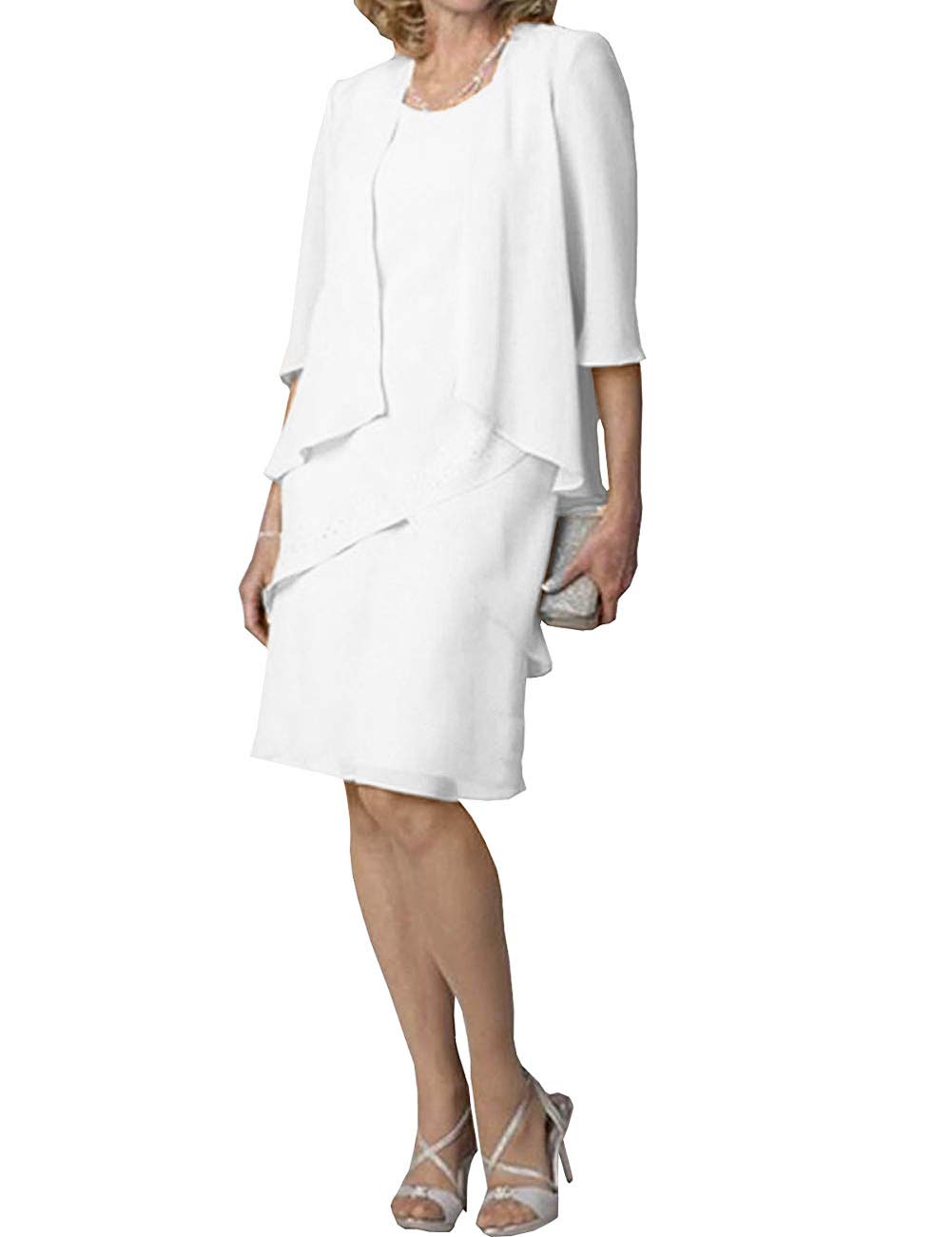 Elegant Short Mother of The Bride Dress with 3/4 Sleeve Chiffon Jacket & Tiered Skirt - Formal Evening Gown for Weddings, Parties & Special Occasions