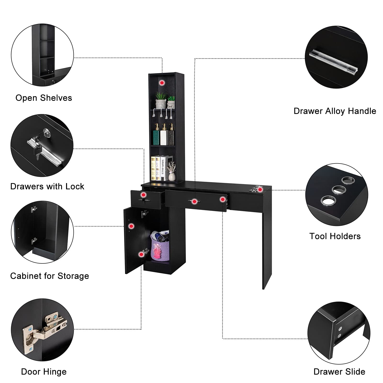 **Mefeir Wall Mount Hair Styling Barber Station with Support Leg & Mirror – Professional Hair Salon Equipment & Spa Furniture Set (Black) – Perfect for Salons, Barbershops & Home Styling**