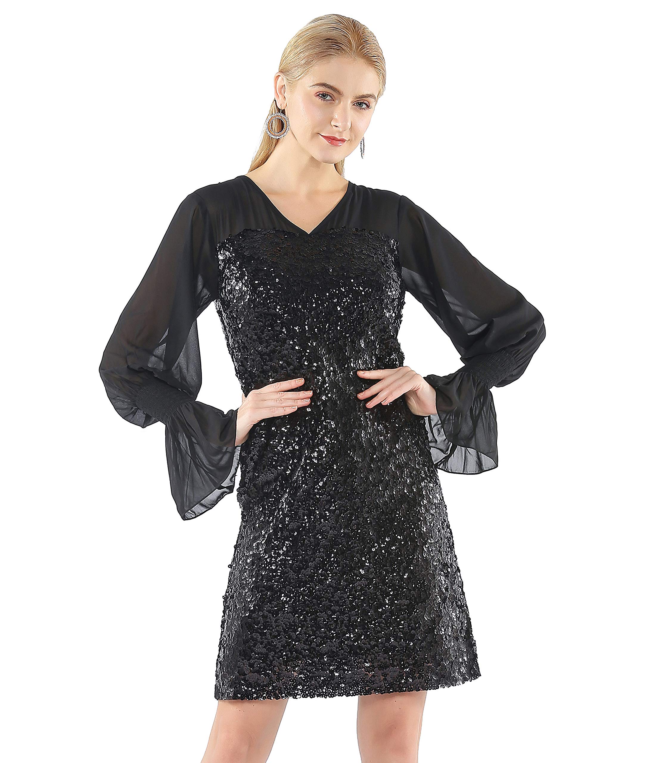 Vintage 1950s Sequin Cocktail Party Dress - Mesh Bell Sleeve, V-Neck Sparkly Prom Gown for Women | Perfect for Evening Parties, Holiday Events & Special Occasions