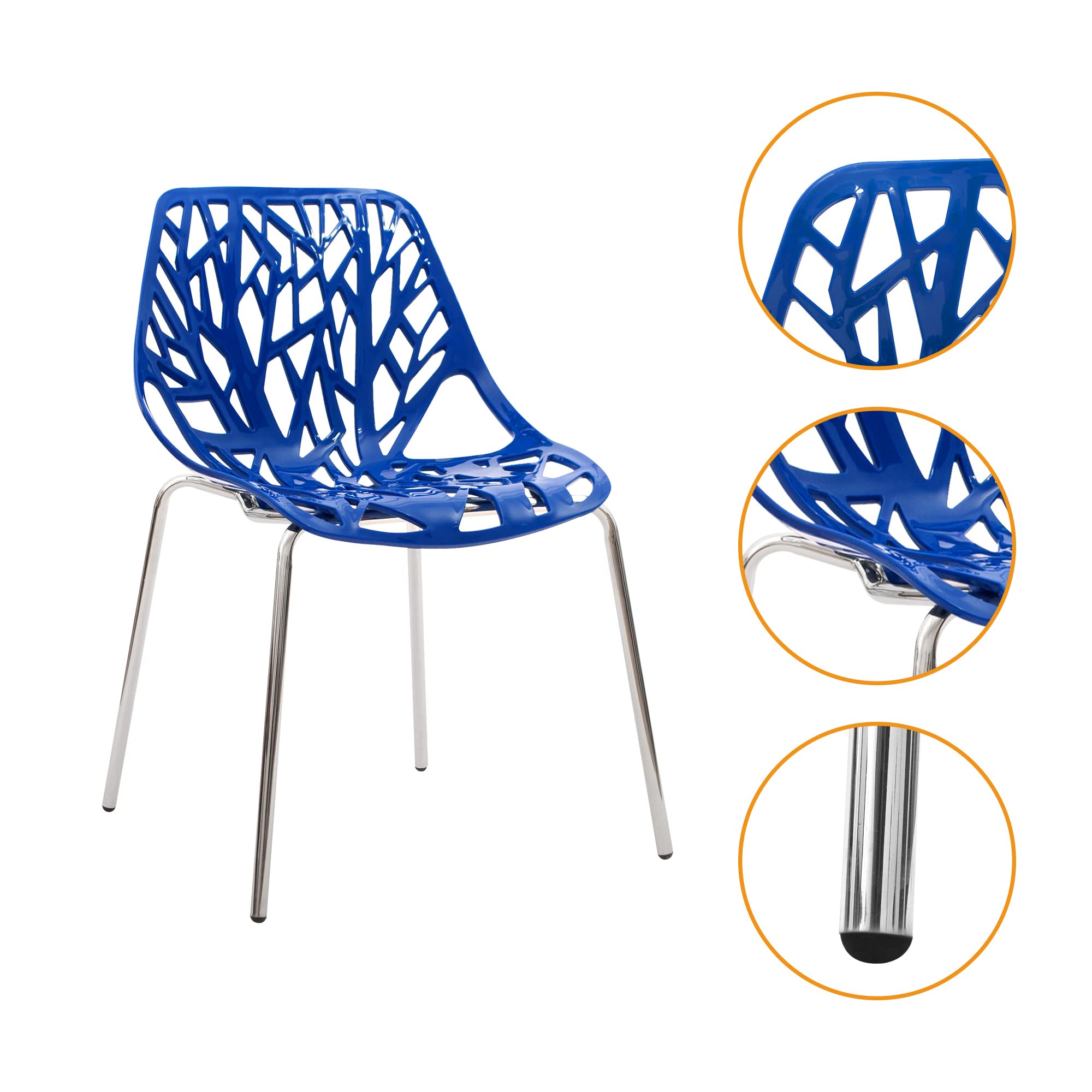 Modern Mid-Century Plastic Shell Hollow Out Chair with Metal Legs - Set of 4 Blue Chairs for Living Room, Bedroom, Kitchen, Dining & Office Waiting Area | Stylish Seating for Home & Commercial Spaces