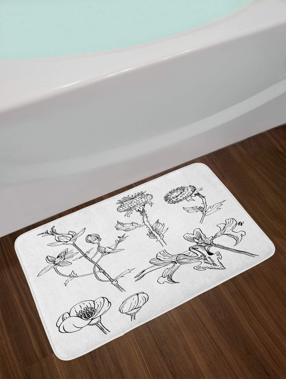 Ambesonne Non-Slip Floral Bath Mat - Hand-Drawn Flower Bouquet Design, 30.2