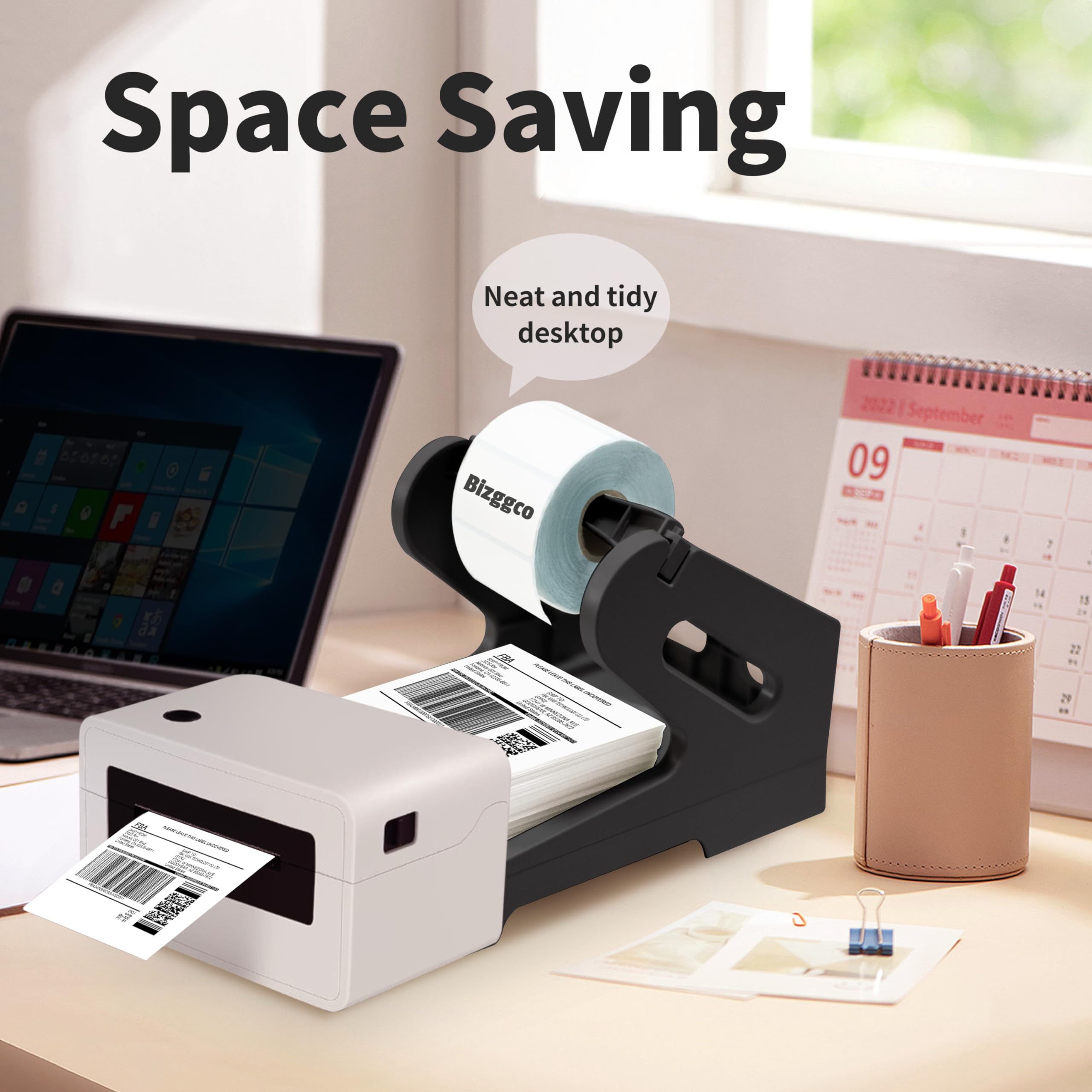 Thermal Shipping Label Holder for Rolls & Fan-Folds - Desktop Printer Stand & Fragile Sticker Dispenser Organizer - Black Home Office Accessory for Holographic Vinyl Sticker Maker - Perfect for E-commerce, Packaging & Shipping Businesses