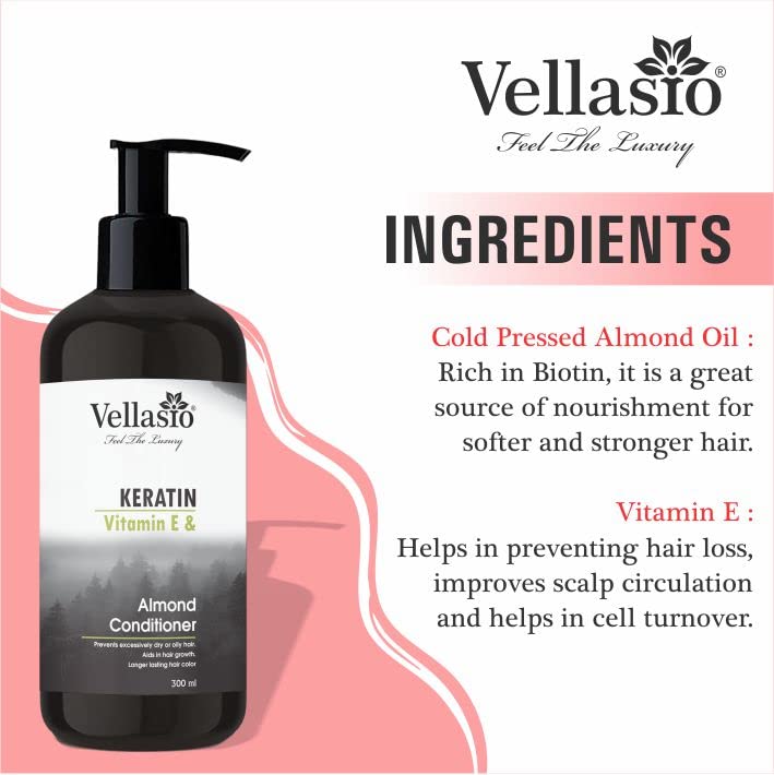 VELLASIO Keratin Almond Deep Conditioner for Dry & Frizzy Hair - Smoothing Hair Treatment for Soft, Shiny & Healthy Hair - Sulfate Free Hair Care for Women & Men - Perfect for Daily Use & Salon Quality Results