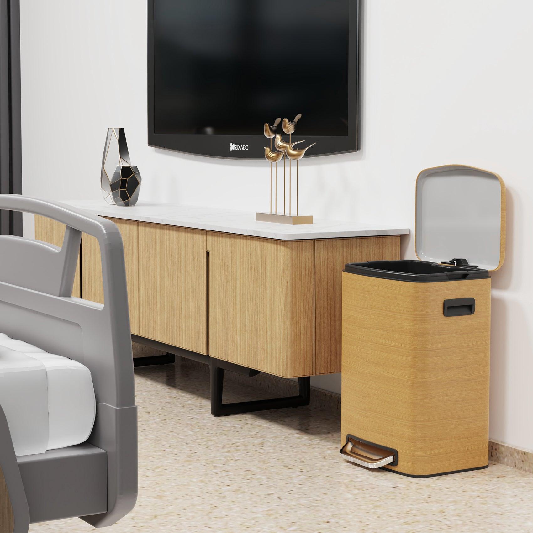 13 Gallon 50L Stainless Steel Rectangular Trash Can with Foot Pedal - Soft Close Lid, Wood Texture Design - Includes 30 Garbage Bags - Perfect for Kitchen, Office, or Bathroom Waste Disposal