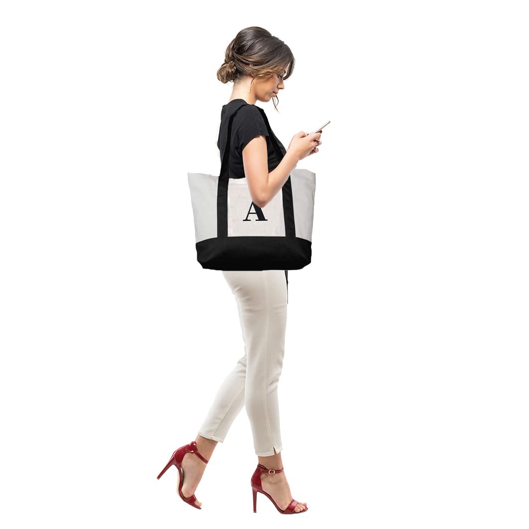 Personalized Initial Canvas Beach Bag with Zipper - for Women, Moms & Travel