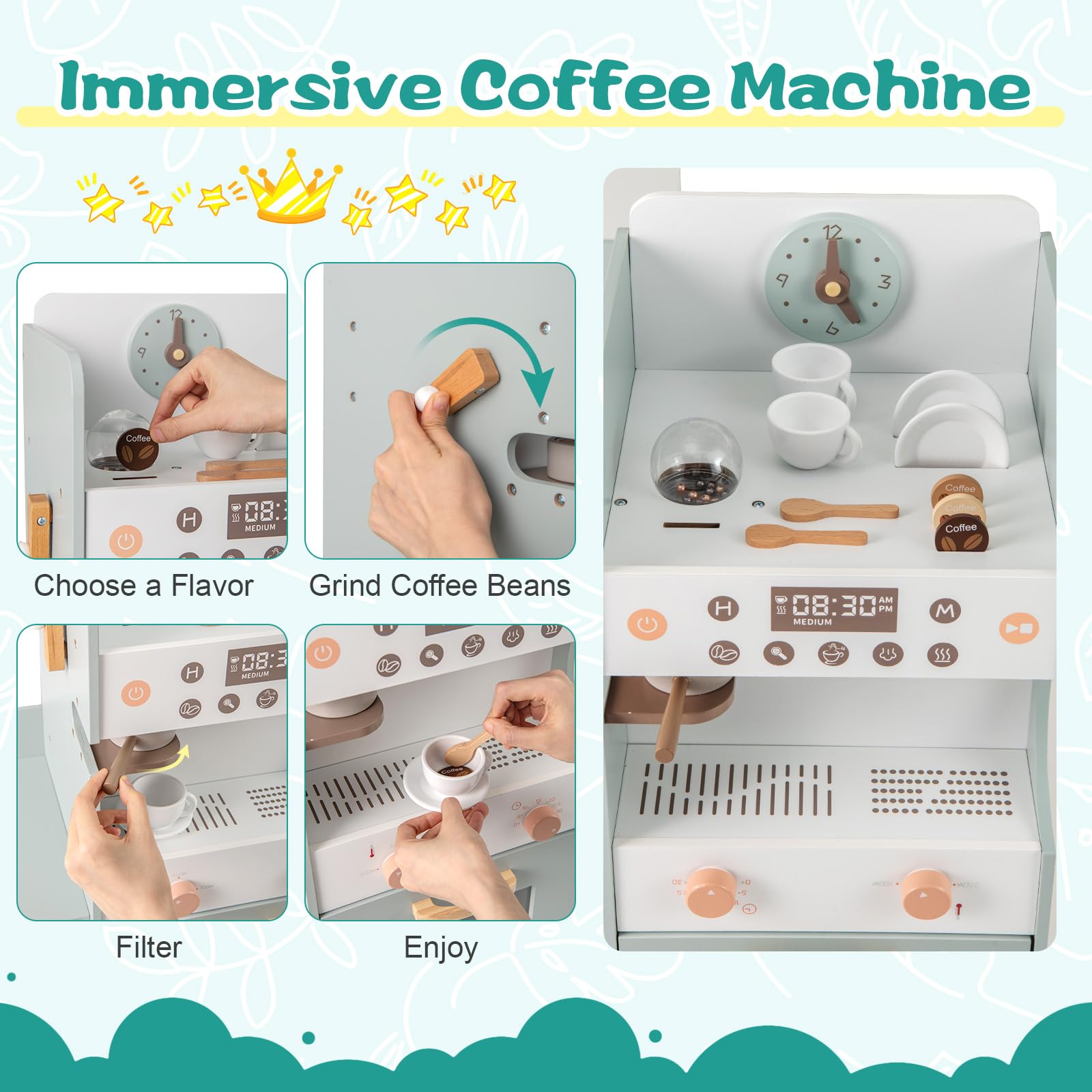 HONEY JOY Wooden Kids Grocery Store Playset with Coffee Maker, Vending Machine & Cash Register - Pretend Play Supermarket Toy with Display Shelves & Play Food for Toddlers - Perfect for Role Play, Early Learning & Social Skills Development at Home or Preschool