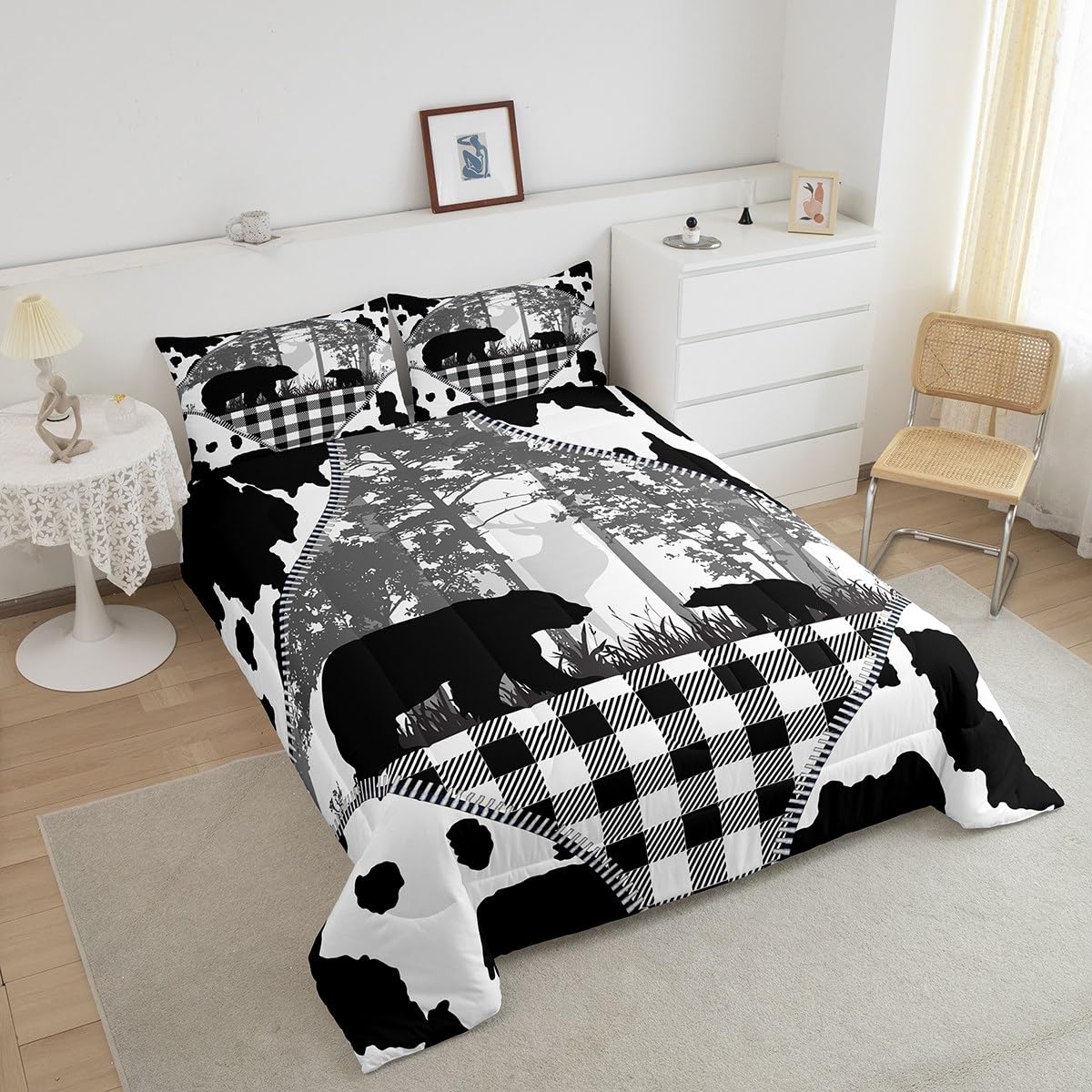 Erosebridal Rustic Bear Wildlife Animal Twin Comforter Set - Cowhide Print Woodland Bedding for Kids, Boys, Girls & Teens - Includes 1 Comforter & 1 Pillowcase - Perfect for Cozy Bedrooms, Cabin Decor & Nature-Themed Kids' Rooms