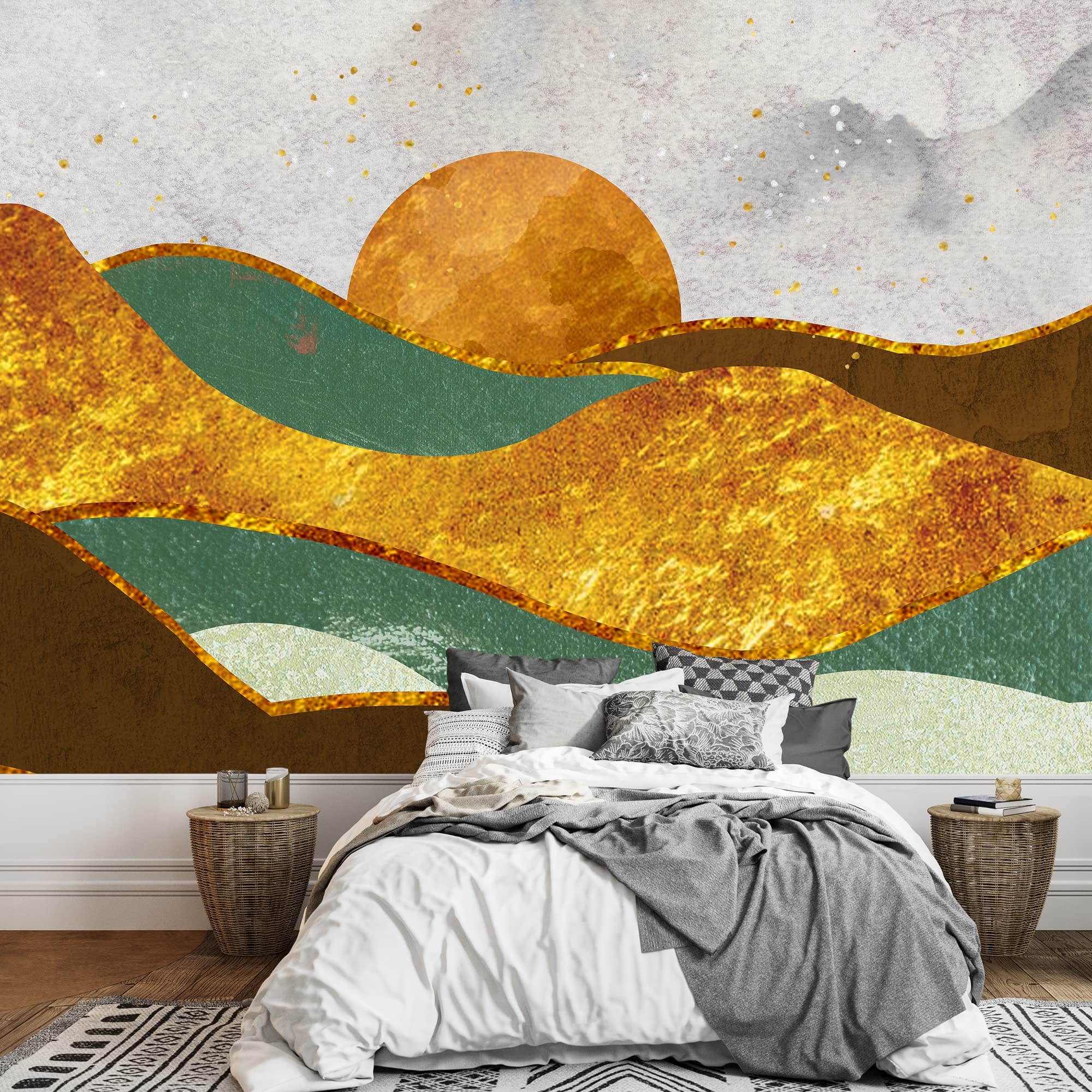 Gold Teal Granite Marble Mountain Range Wall Sticker - Removable Nature Wilderness Landscape Art Mural for Living Room, Bedroom & Office Decor (66x96 inches) - Perfect for Home, Apartment and Workspace Wall Decoration