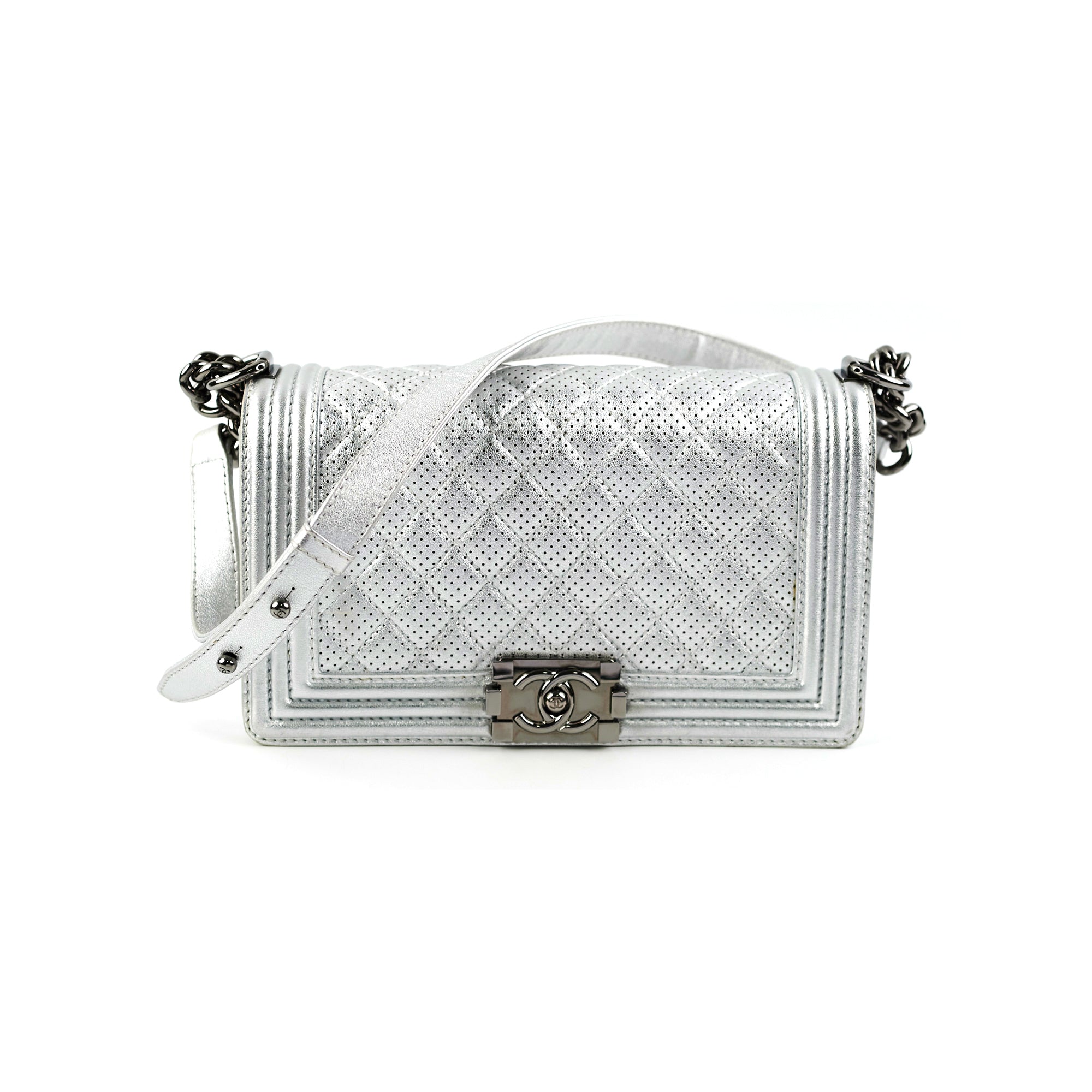 Authentic Chanel Old Medium Boy Bag in Silver - Luxury Crossbody Handbag for Women, Perfect for Evening Parties & Special Occasions