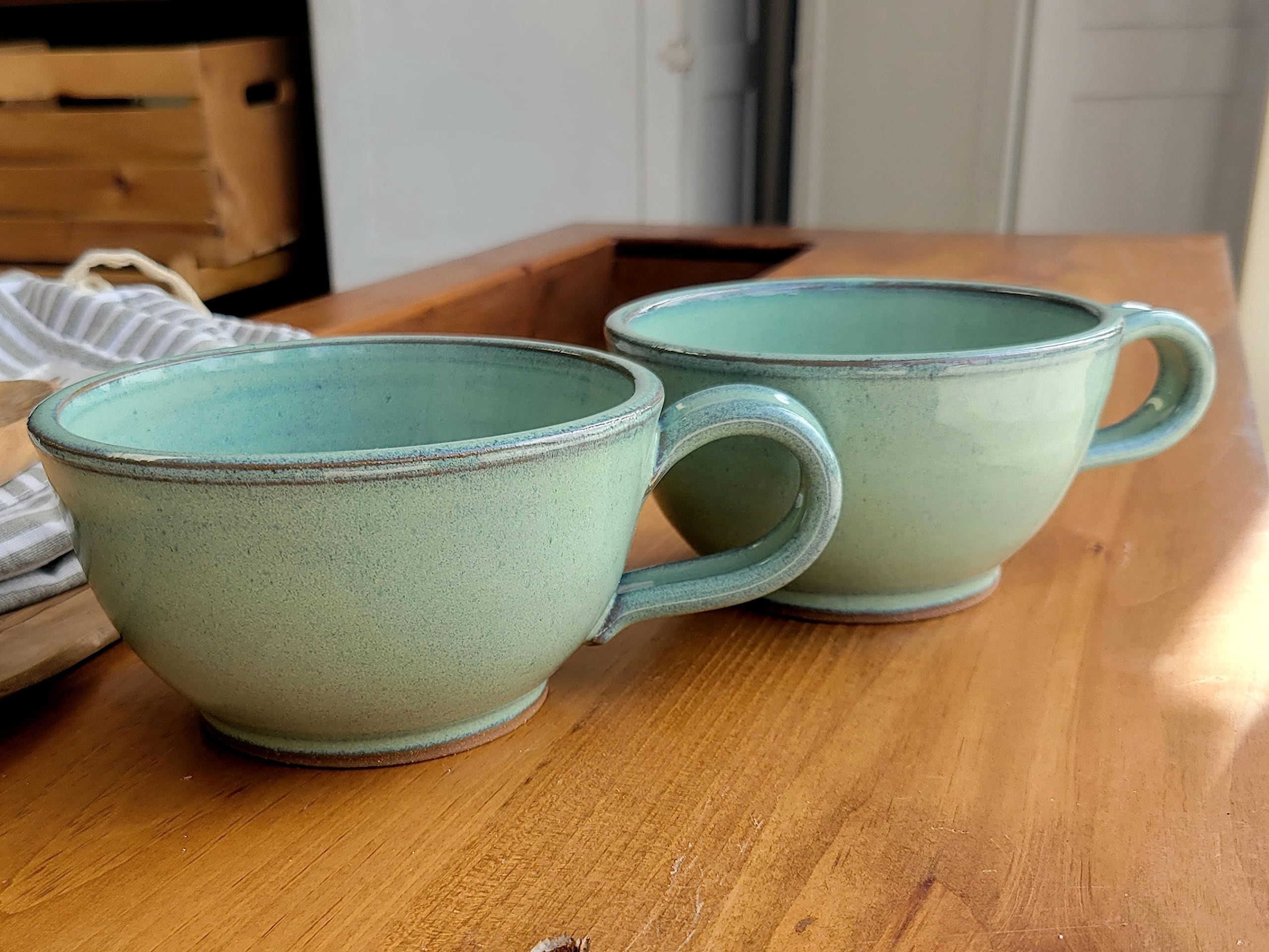 Farmhouse Style Soup Bowls with Handles - Set of 2 Deep Large Ceramic Bowls for Chowder, Stew & Soup - Handmade Pottery Kitchen Decor (Green) - Perfect for Rustic Dining, Soup Parties & Cozy Kitchen Decor