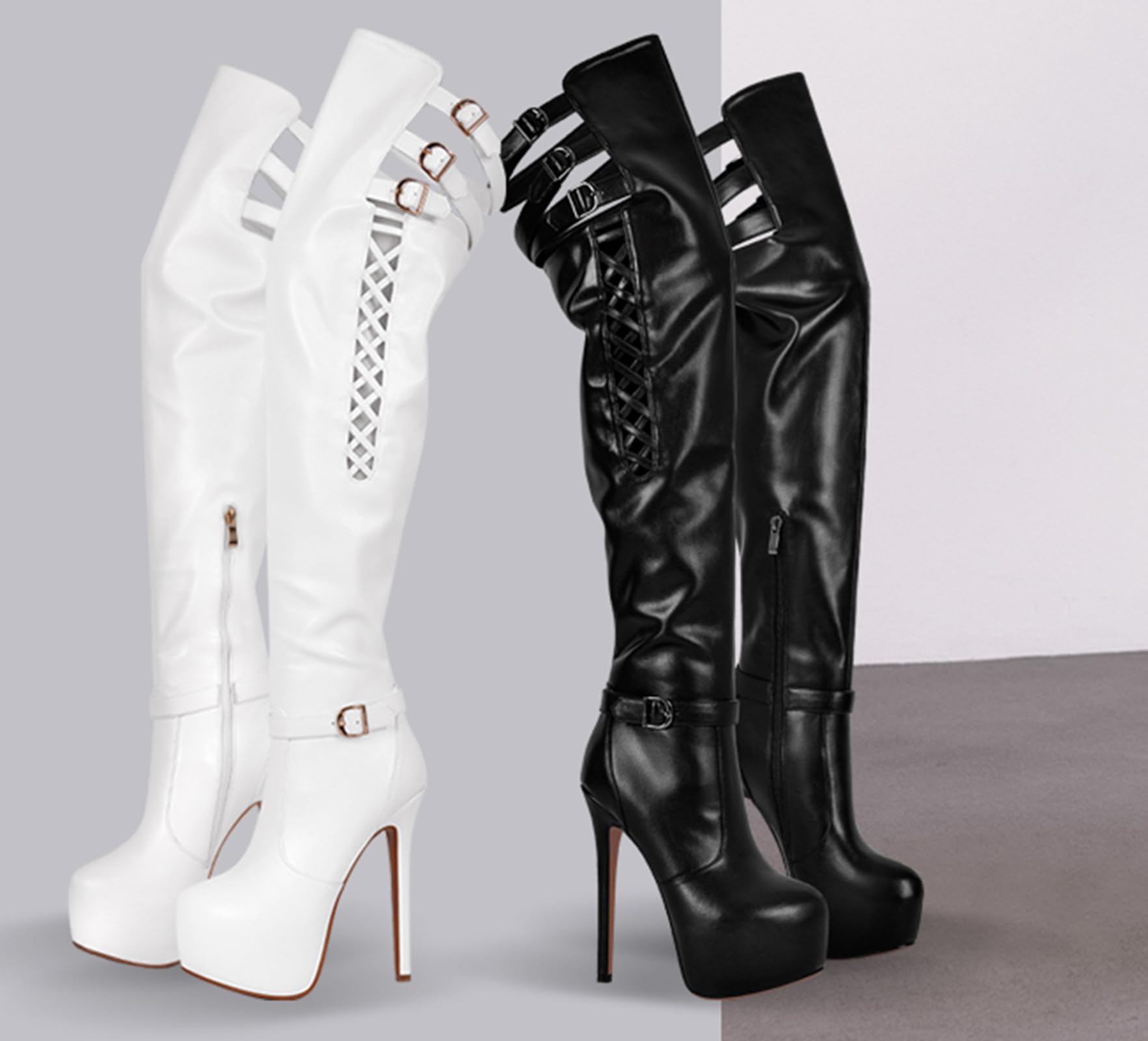 Richealnana Women's Thigh High Platform Boots - Stiletto Heels, Cutout Design, Zip Up Over The Knee High Boots for Women | Perfect for Night Out, Party, and Fashion Statement