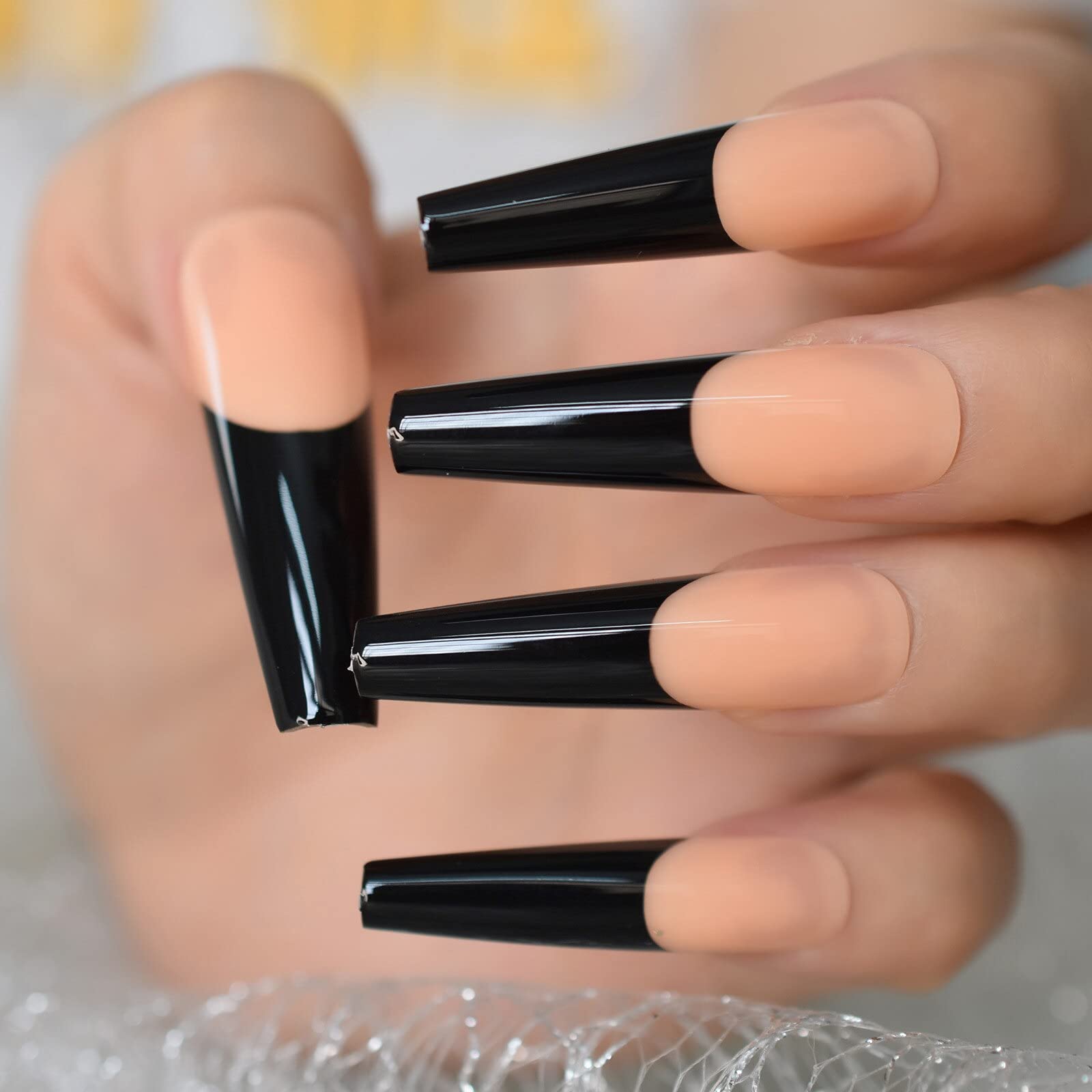 XXL Long Coffin Press On Nails - Orange & Black French Tip Fake Nails | Full Cover Glossy Ballerina False Nails for Manicure | Perfect for Halloween, Parties & Special Occasions