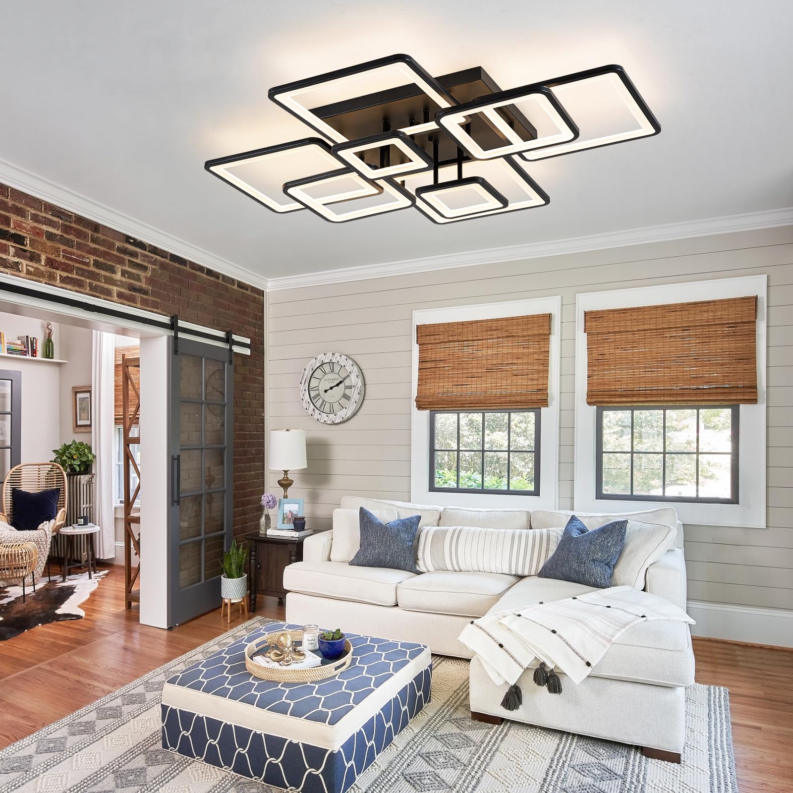 Modern Dimmable LED Ceiling Light with Remote Control - Black Flush Mount Chandelier, Acrylic Ring Fixture for Living Room, Dining Room, Bedroom - Energy Efficient Lighting Solution for Home Decor (8H-FANG-BL-04) | Perfect for Modern Interiors, Apartments and Office Spaces