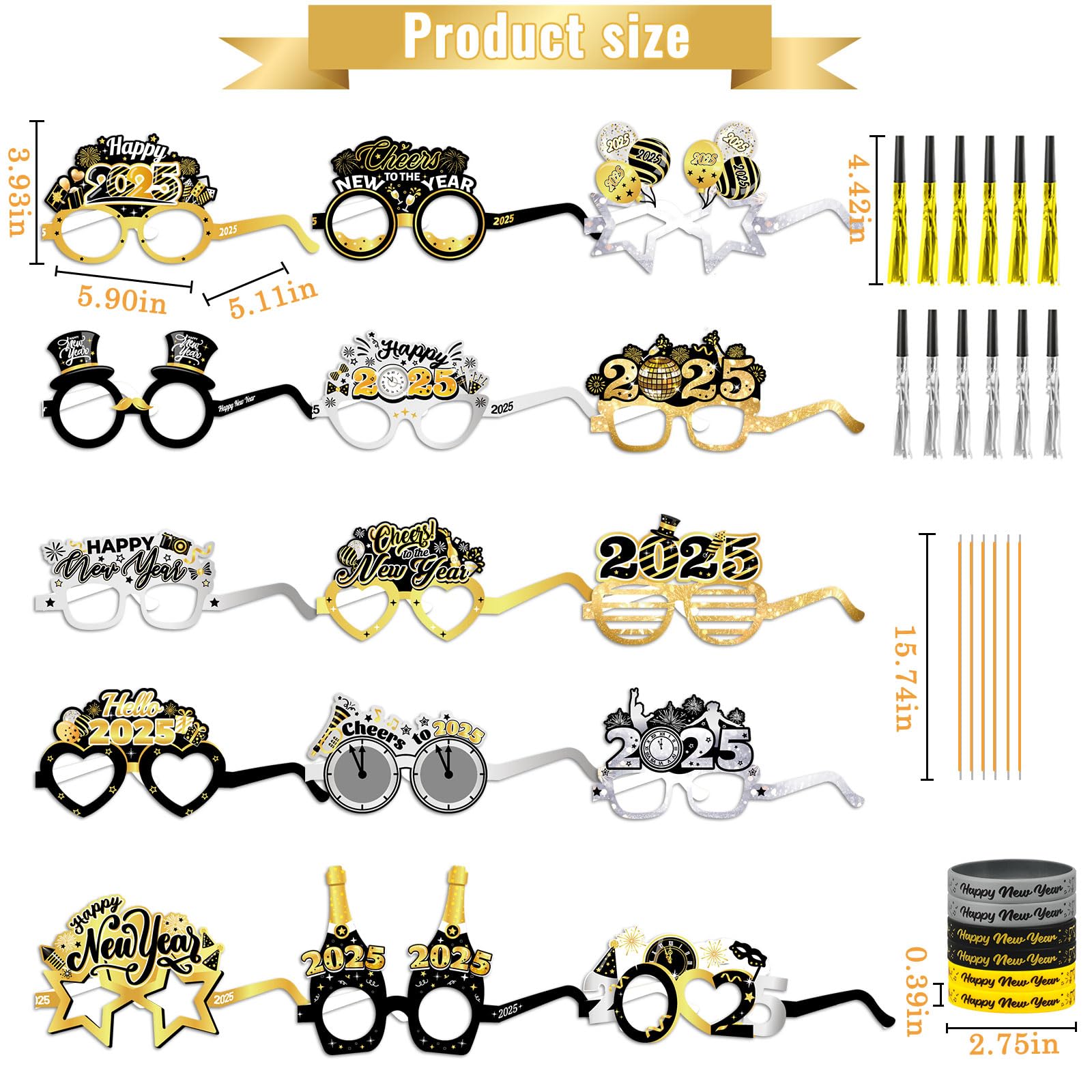 2025 New Year's Eve Party Supplies Kit - 45pcs Black Gold Silver Happy New Year Glasses, Headbands & Noisemakers for NYE Decorations | Perfect for Countdown Parties, Ball Drop Celebrations & New Year's Eve Festivities