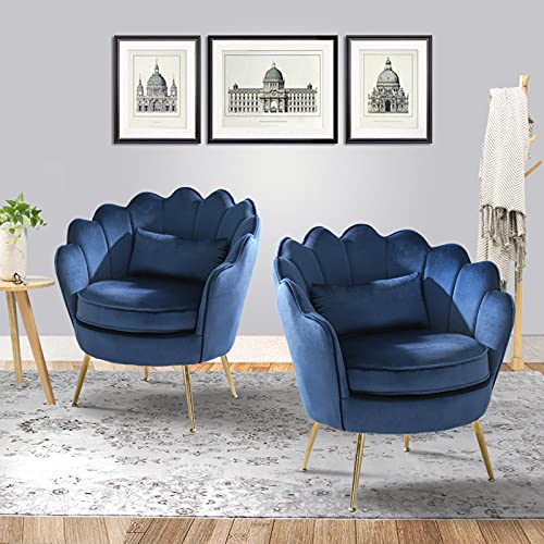 Modern Velvet Accent Chairs Set of 2 - Dark Blue Upholstered Armchairs with Golden Metal Legs for Living Room, Bedroom or Makeup Vanity | Stylish Seating for Home Decor, Lounge & Guest Room