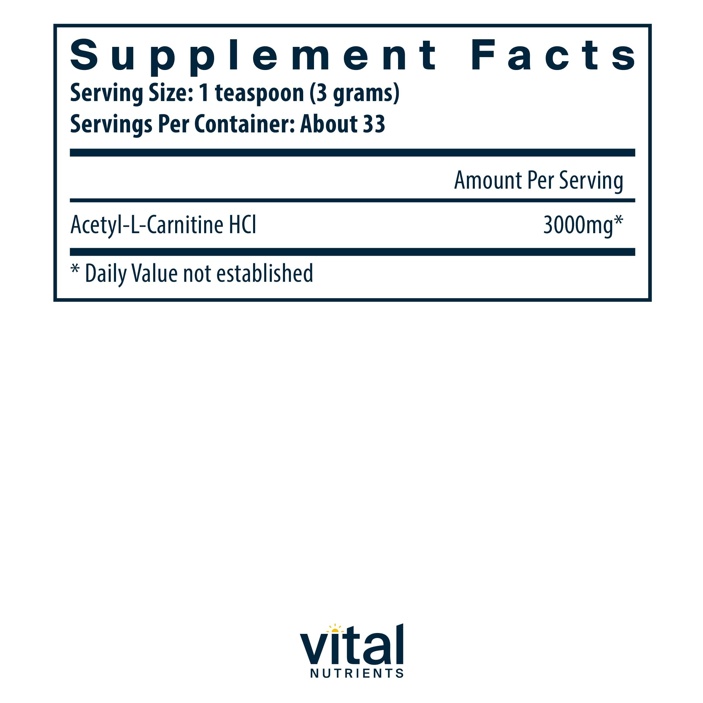 Vital Nutrients Acetyl L-Carnitine Powder - 100g | Brain & Memory Support Supplement | Vegan, Non-GMO | Gluten, Dairy & Soy Free | Cognitive Function Booster for Focus & Mental Clarity | Perfect for Students, Professionals & Healthy Aging