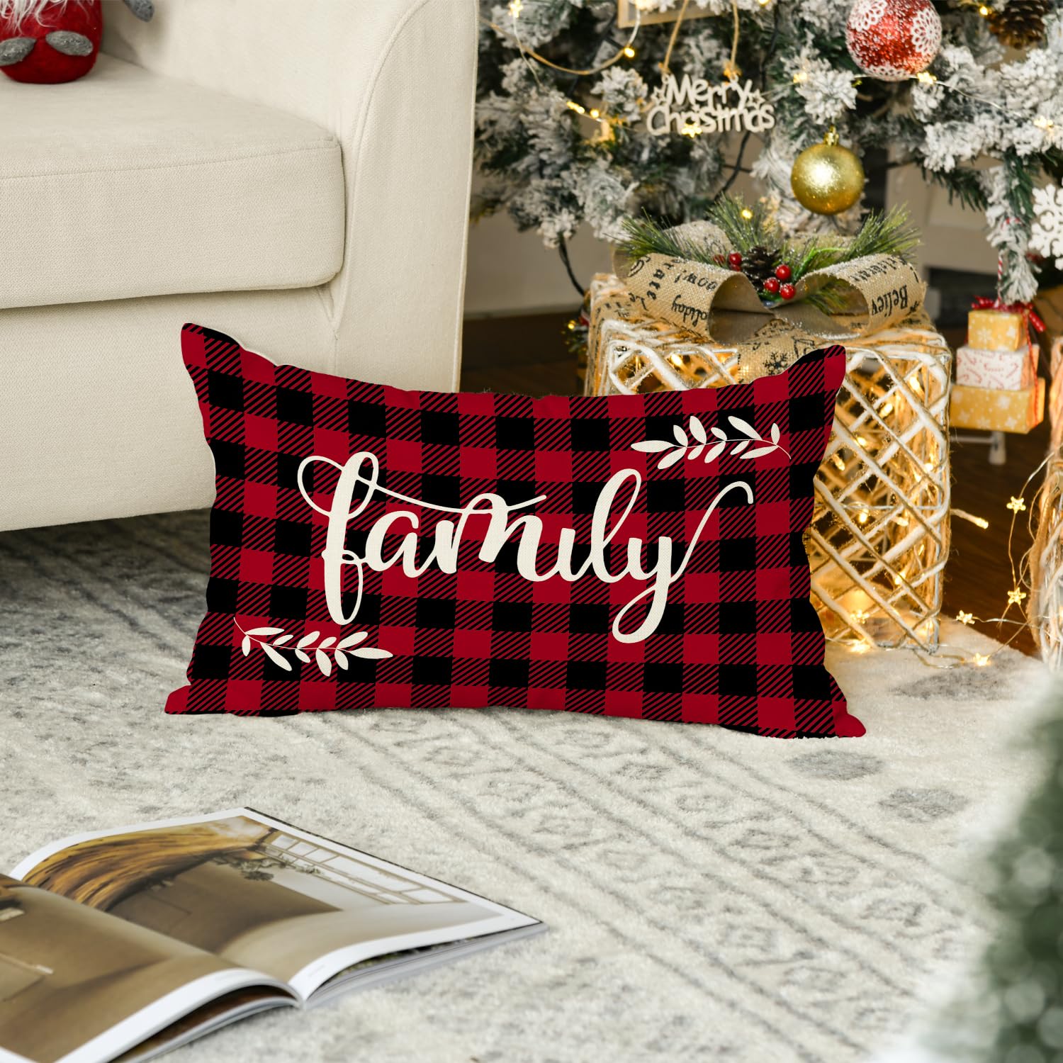 AVOIN Christmas Family Pillow Cover - Buffalo Plaid Holiday Cushion Case 12x20 Inch for Sofa, Couch & Home Decor - Perfect for Winter, Xmas Decorations & Cozy Living Room Ambience