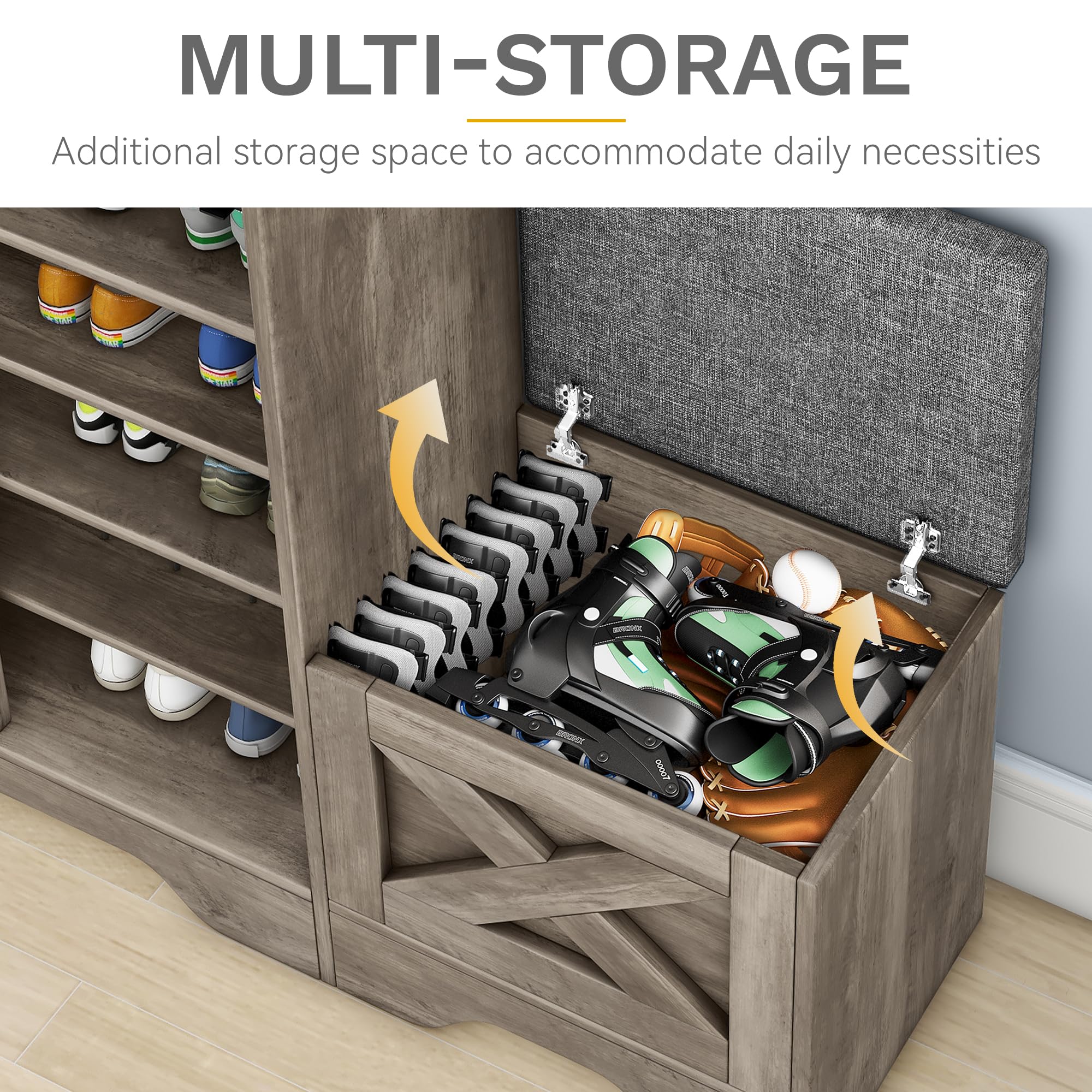 DWVO Farmhouse Shoe Storage Cabinet with Bench - 5-Tier Adjustable Shelf Organizer Holds 20 Pairs of Shoes - Narrow Sliding Door Entryway Shoe Rack for Hallway, Living Room & Bedroom - Perfect for Small Spaces & Home Organization (Washed Grey)