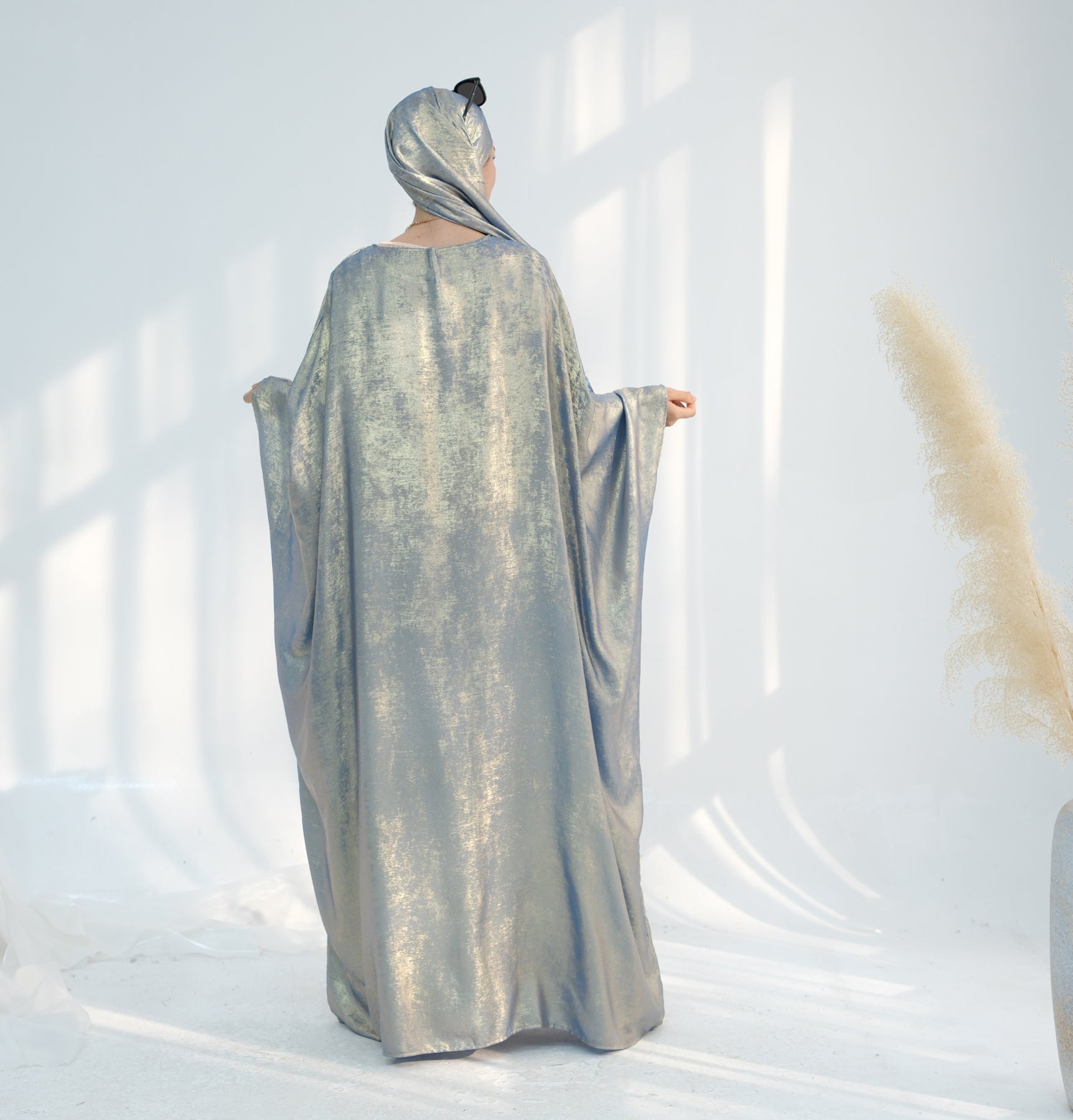 Linora Elegant Shimmer Butterfly Abaya Dress for Women - Sage Green Islamic Prayer Gown | Perfect for Eid, Ramadan, and Special Occasions