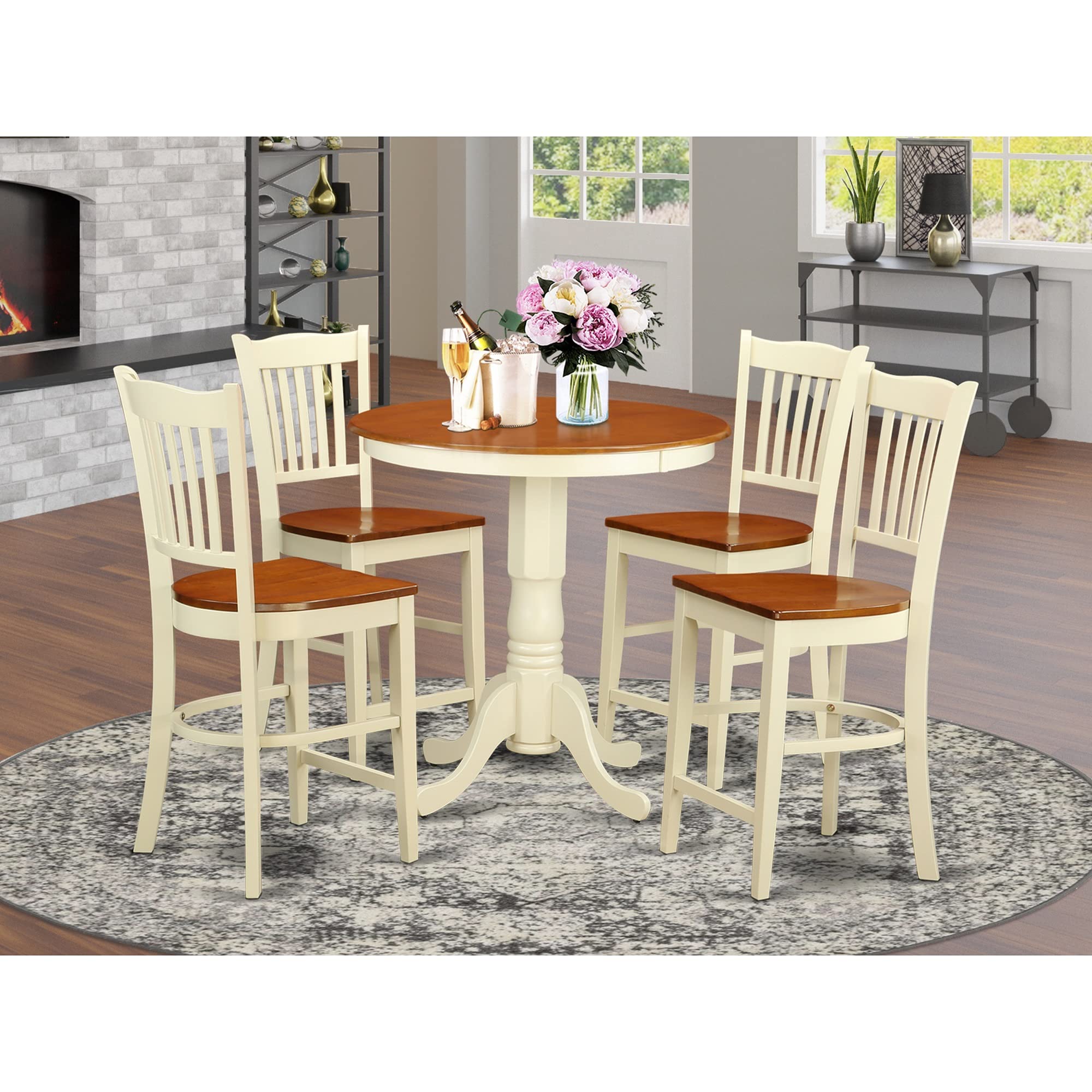 East West Furniture EDGR5-WHI-W 5-Piece Counter Height Dining Set - 30x30 Inch Round Pedestal Table with 4 Chairs in Buttermilk & Cherry - Perfect for Small Kitchens, Breakfast Nooks & Cozy Dining Spaces