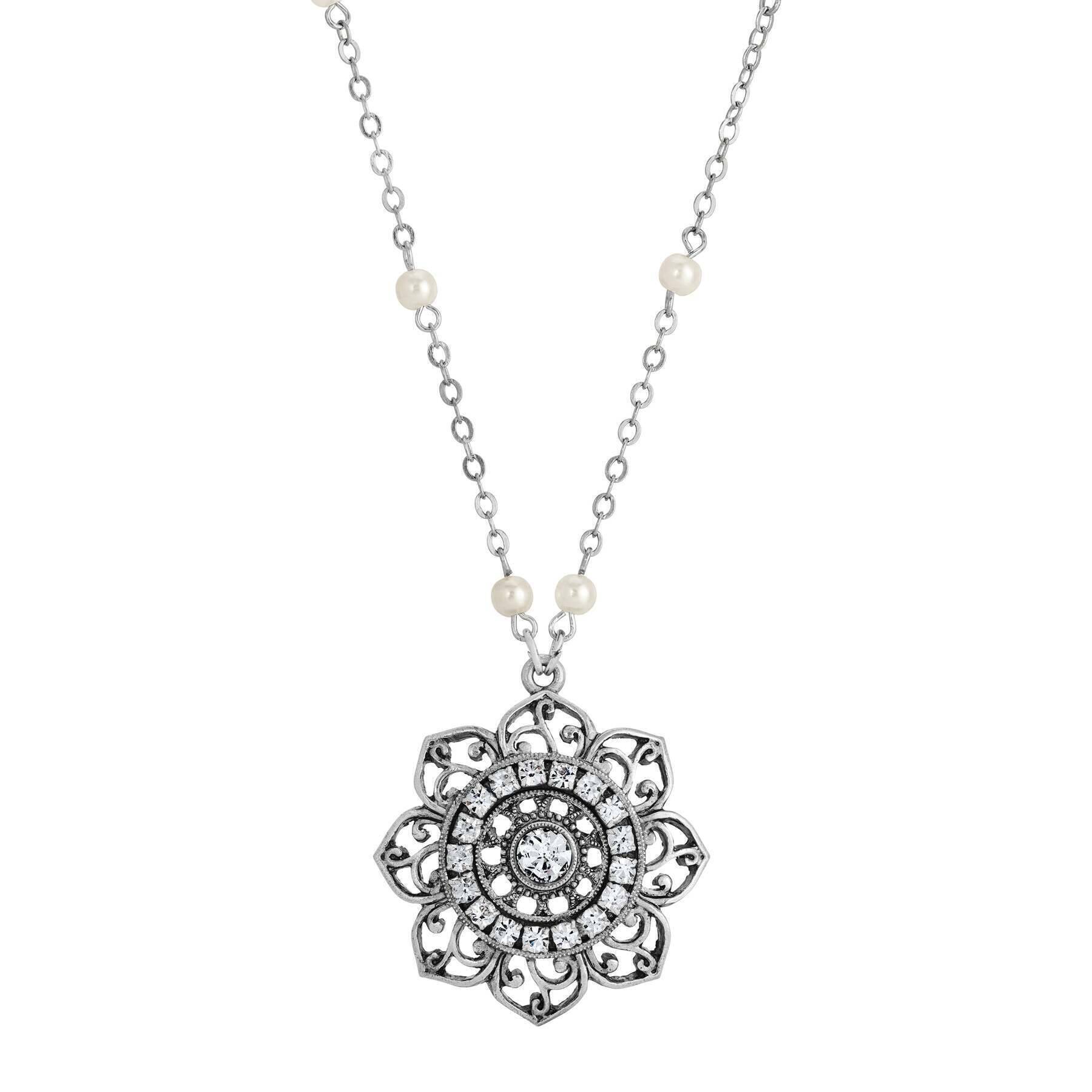 1928 Vintage Style Majestic Crystal Flower & Faux Pearl Pendant Necklace - 18 Inch Elegant Costume Jewelry for Women, Perfect for Weddings, Parties & Special Occasions