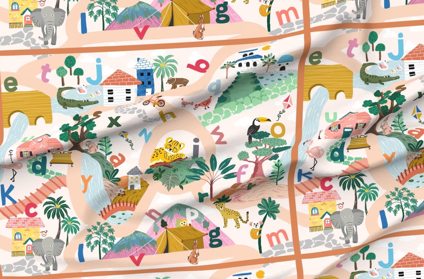 Jungle Animal Alphabet Play Mat - Printed Satin Fabric for Sewing & Decor